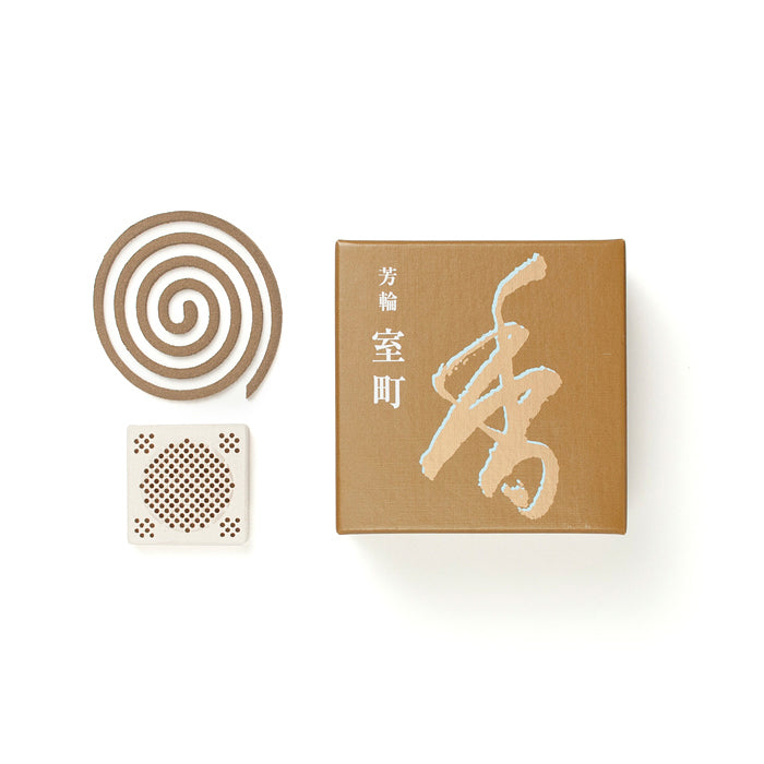 Shoyeido Horin Muromachi Incense coil with ceramic holder, designed for extended sandalwood aroma and peaceful home decor experience.