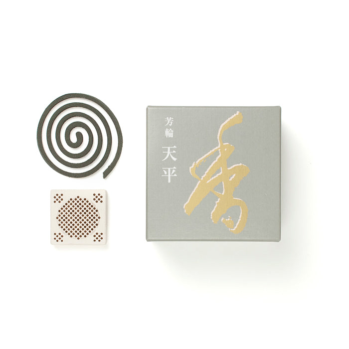 Shoyeido Tenpyo Incense - Peaceful Sky spiral coil with ceramic holder and box, perfect for tranquil rituals and home decor.