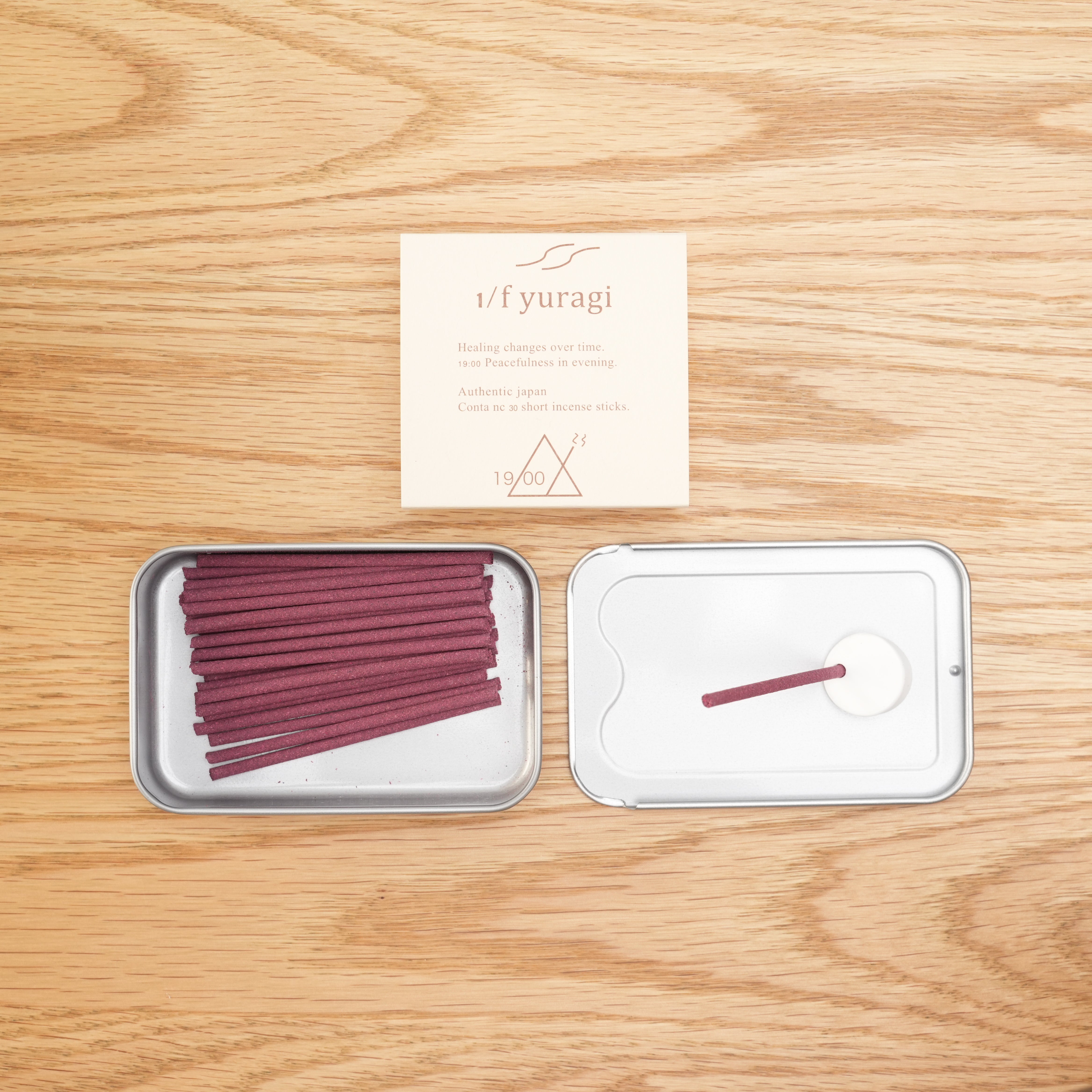 Open Yuragi Incense 19:00 set with 30 short floral-scented sticks and holder, perfect for 15-minute evening relaxation rituals.