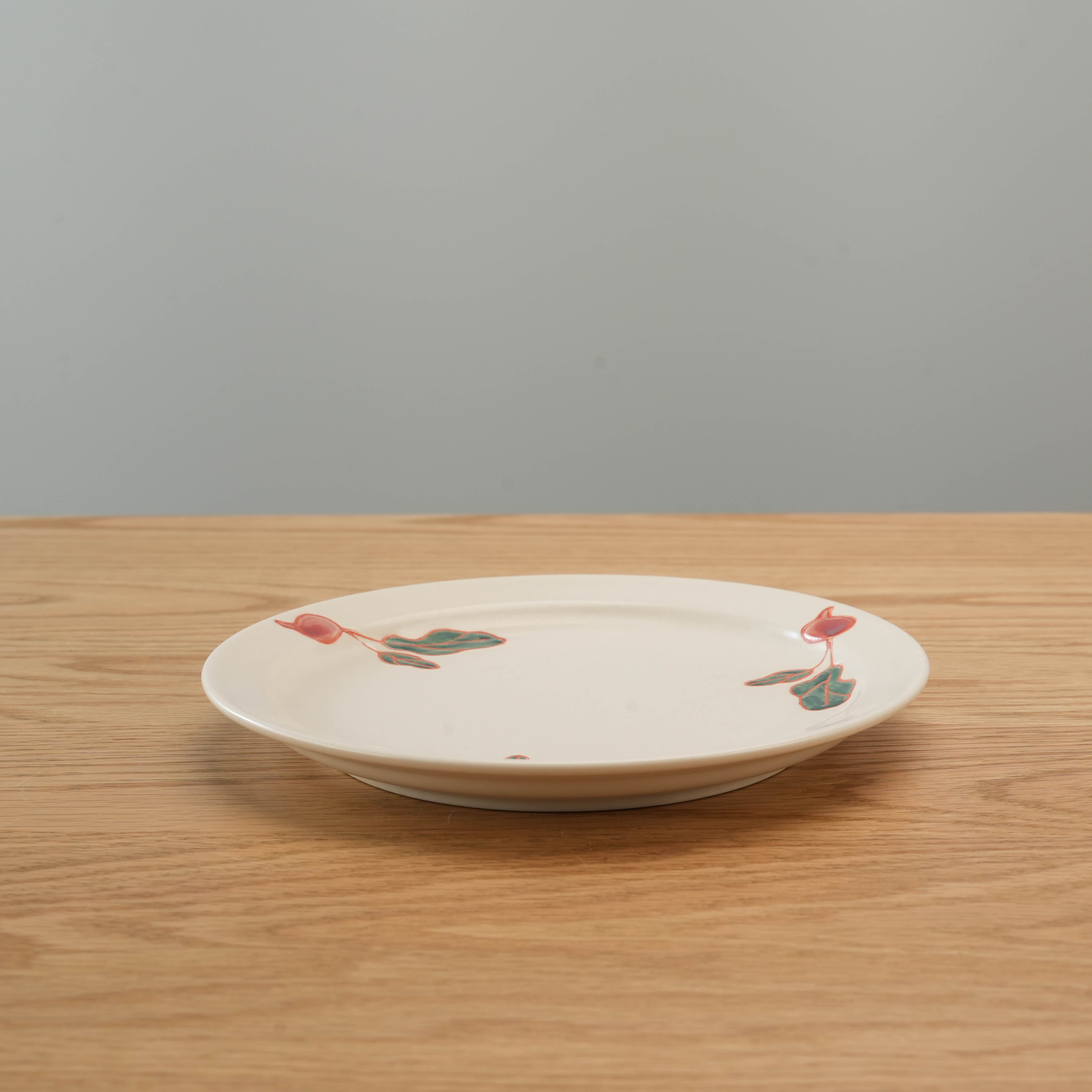 Side view of Hasami Ware Radish Plate showing its smooth ceramic finish and delicate Japanese radish artwork, perfect for modern table settings.