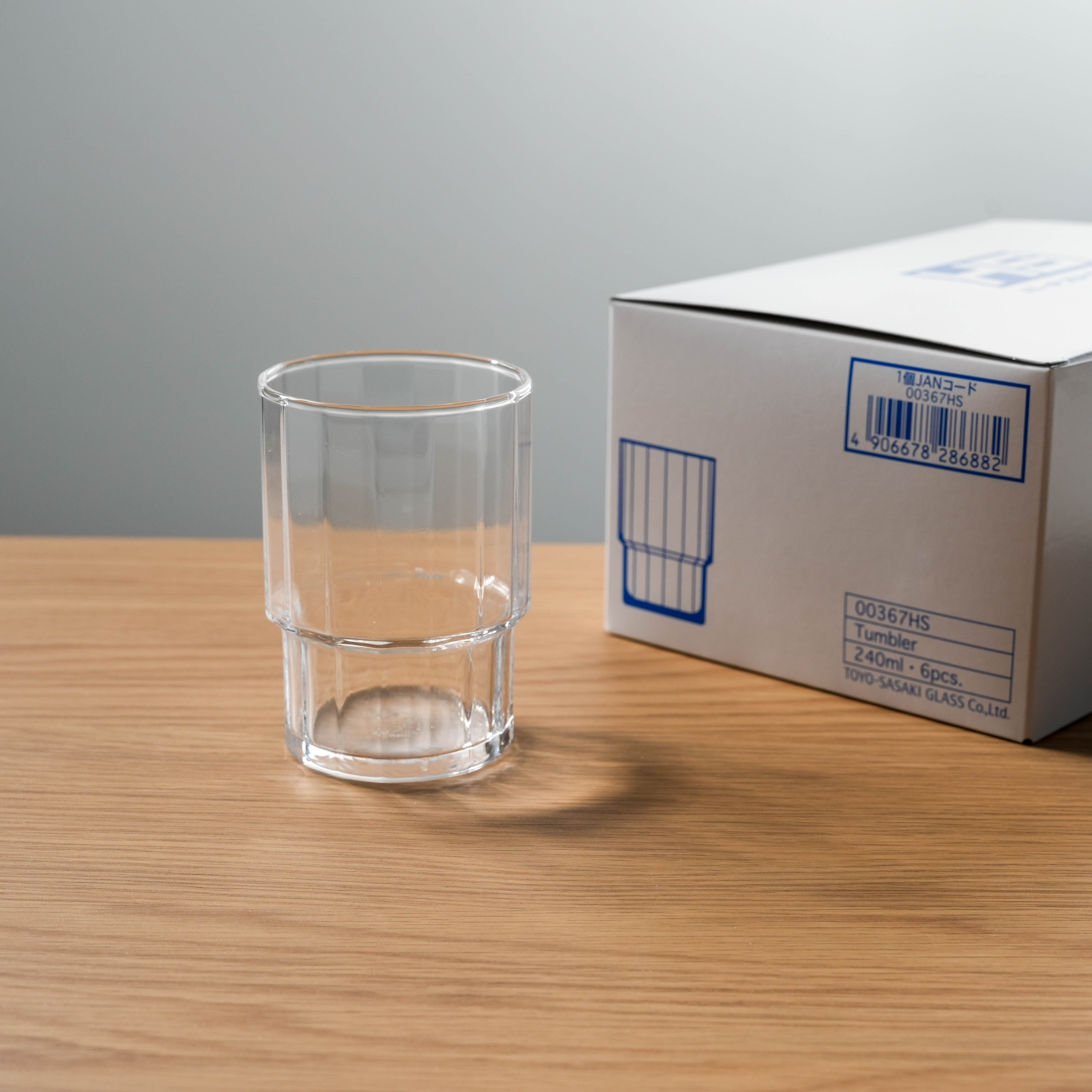 Toyo-Sasaki HS Stackable Tumbler Polygon Set of 6 shown with packaging, highlighting its durable, space-saving design for kitchen or café use.