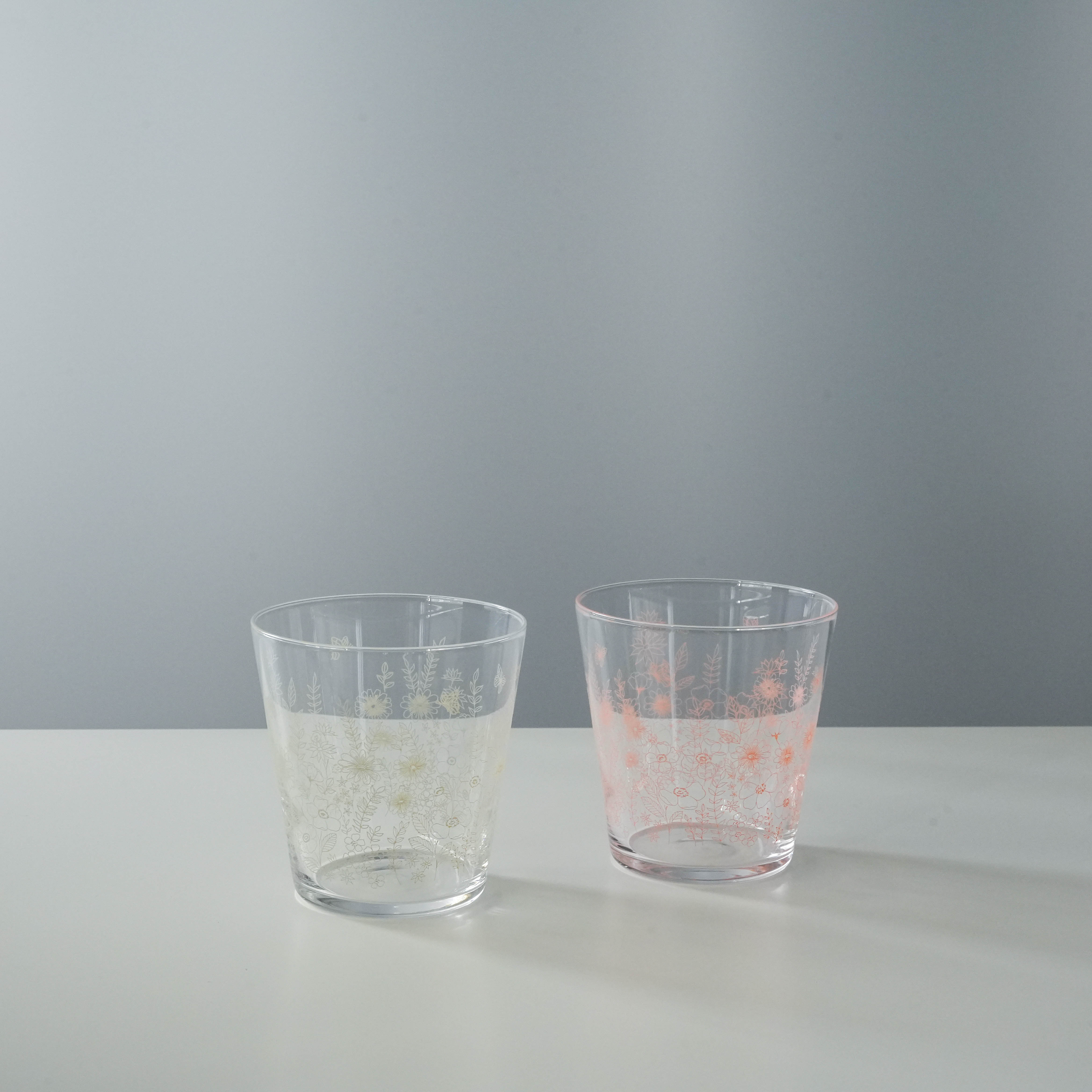 Toyo-Sasaki Tumbler Set - Garden Time Glassware in gray and pink with floral design, perfect for elegant drinkware collections.