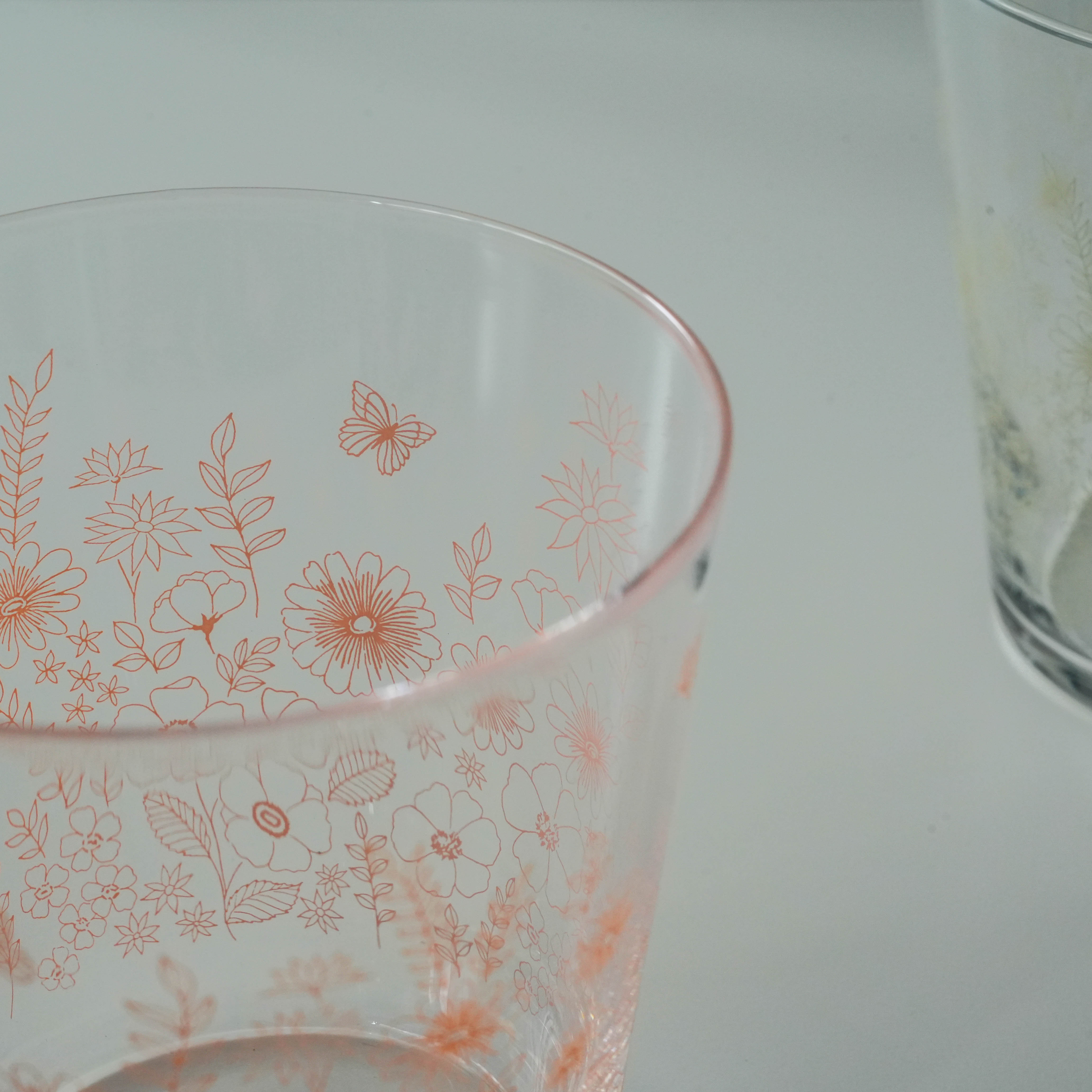 Detailed view of pink Toyo-Sasaki Garden Time Tumbler with delicate floral and butterfly etching, made in Japan.