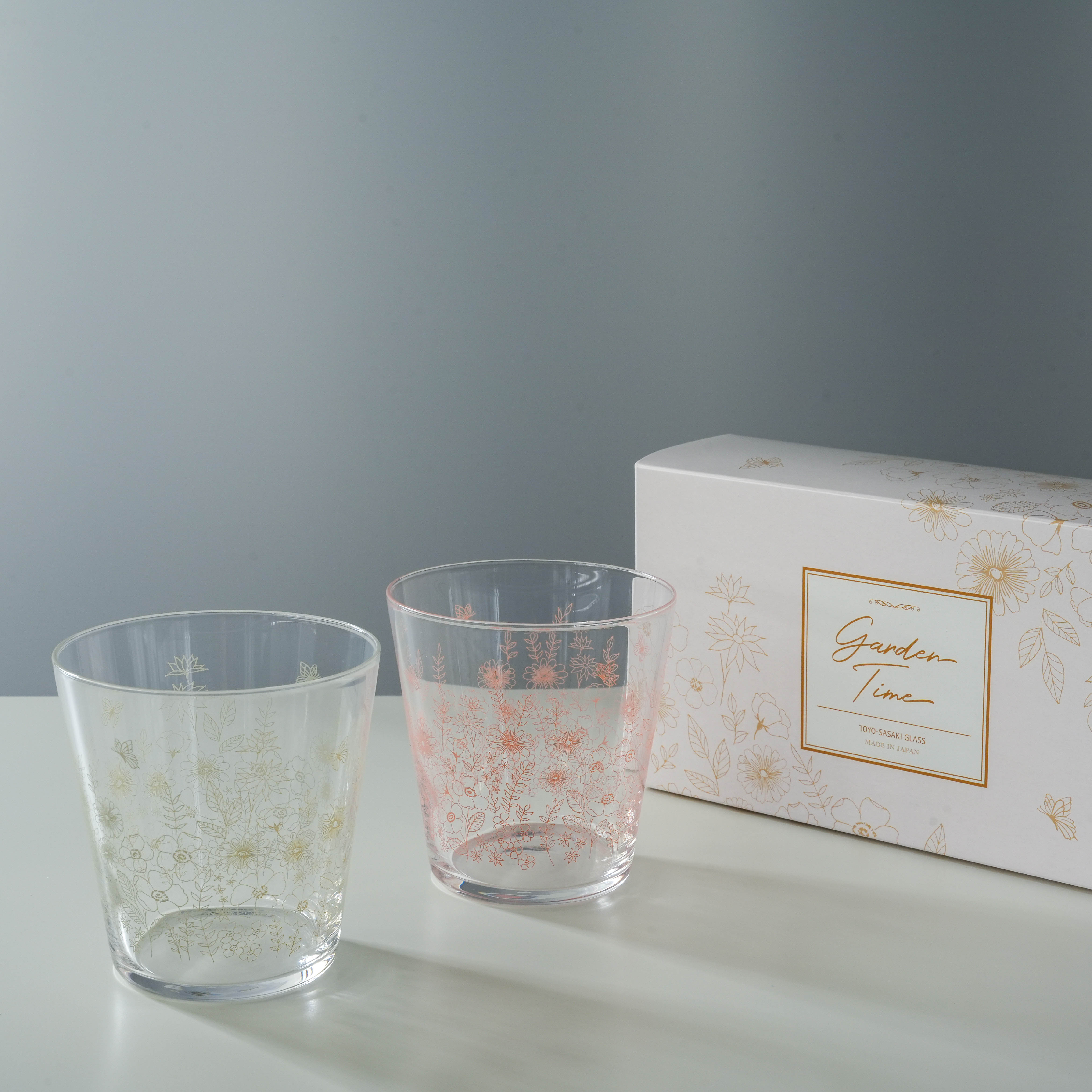 Toyo-Sasaki Garden Time Tumbler Set of 2 with floral motifs and gift box, ideal for stylish Japanese-made drinkware gifting.