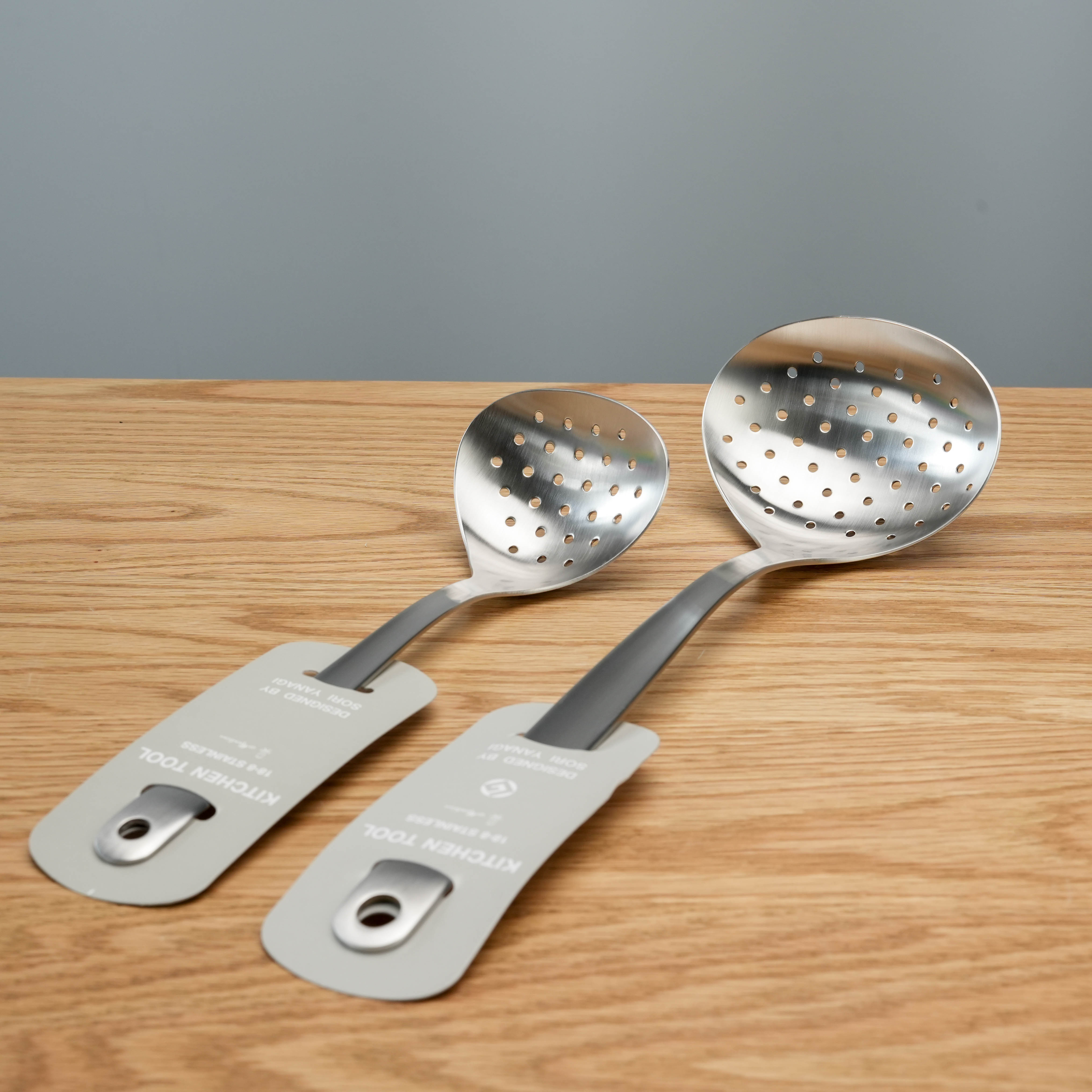 Sori Yanagi Skimmer - Stainless Steel Strainer | Japanese Design, featuring two sizes with ergonomic handles for precise food straining.