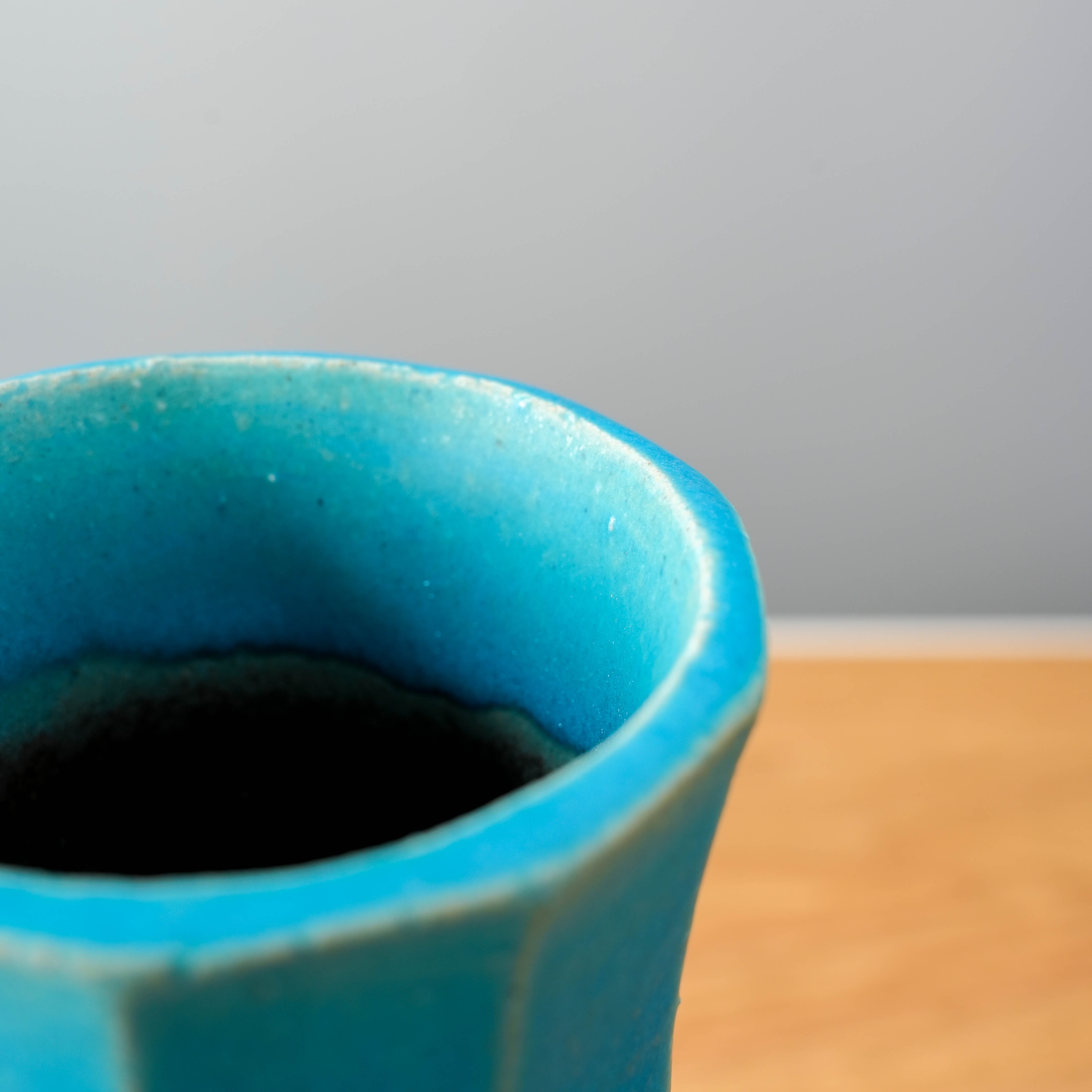 Top view of blue Shigaraki Flower Vase by Shisui Kiln, showing smooth ceramic rim and deep interior for holding floral stems.