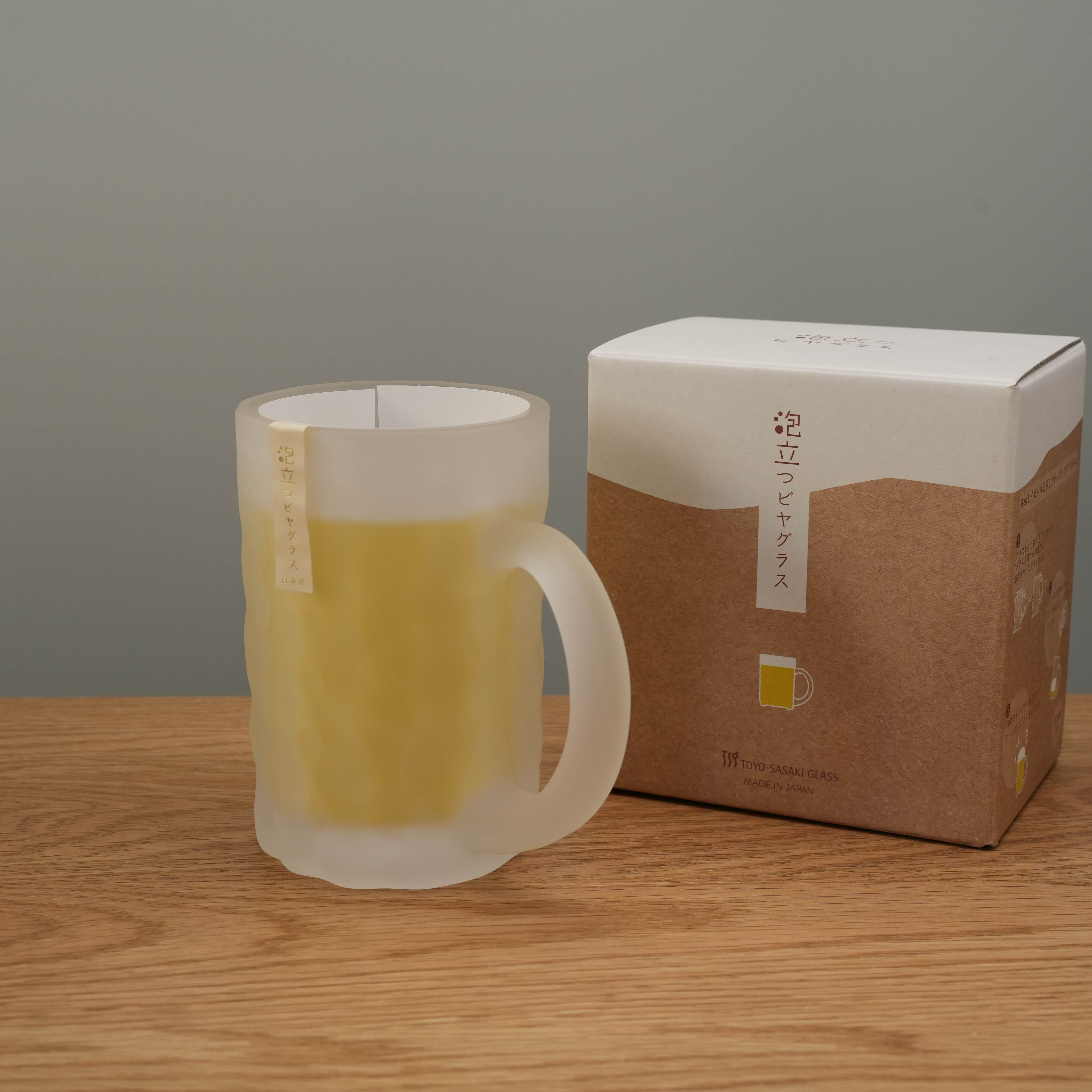 Toyo-Sasaki Frosted Glass Beer Mug with box packaging. Japanese-made drinkware perfect for beer lovers and gift sets.