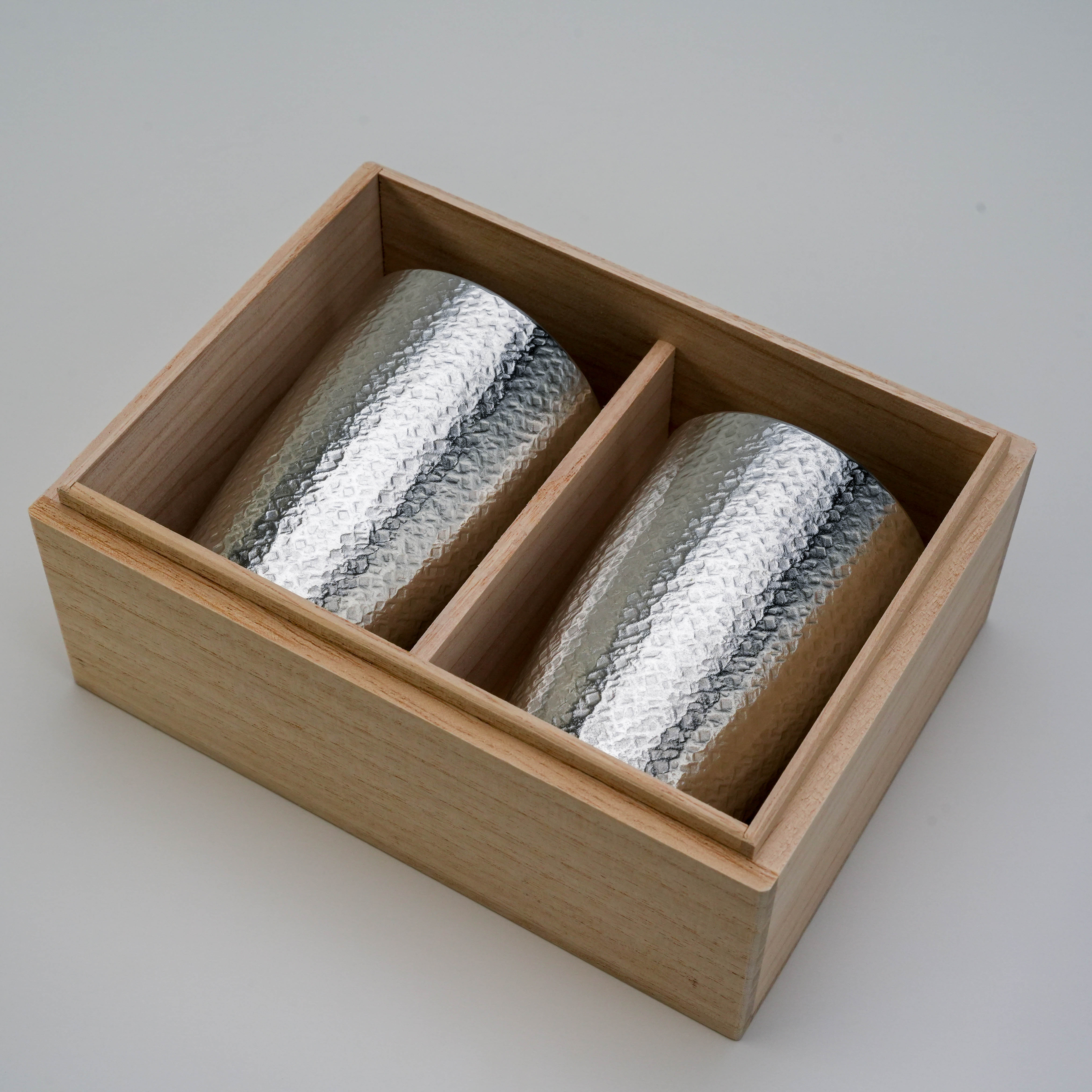 Osaka Tinware Tumbler Set - Tin Tumbler | Pure Tin, 2pc displayed in a divided wooden box, showcasing luxury drinkware craftsmanship and presentation.