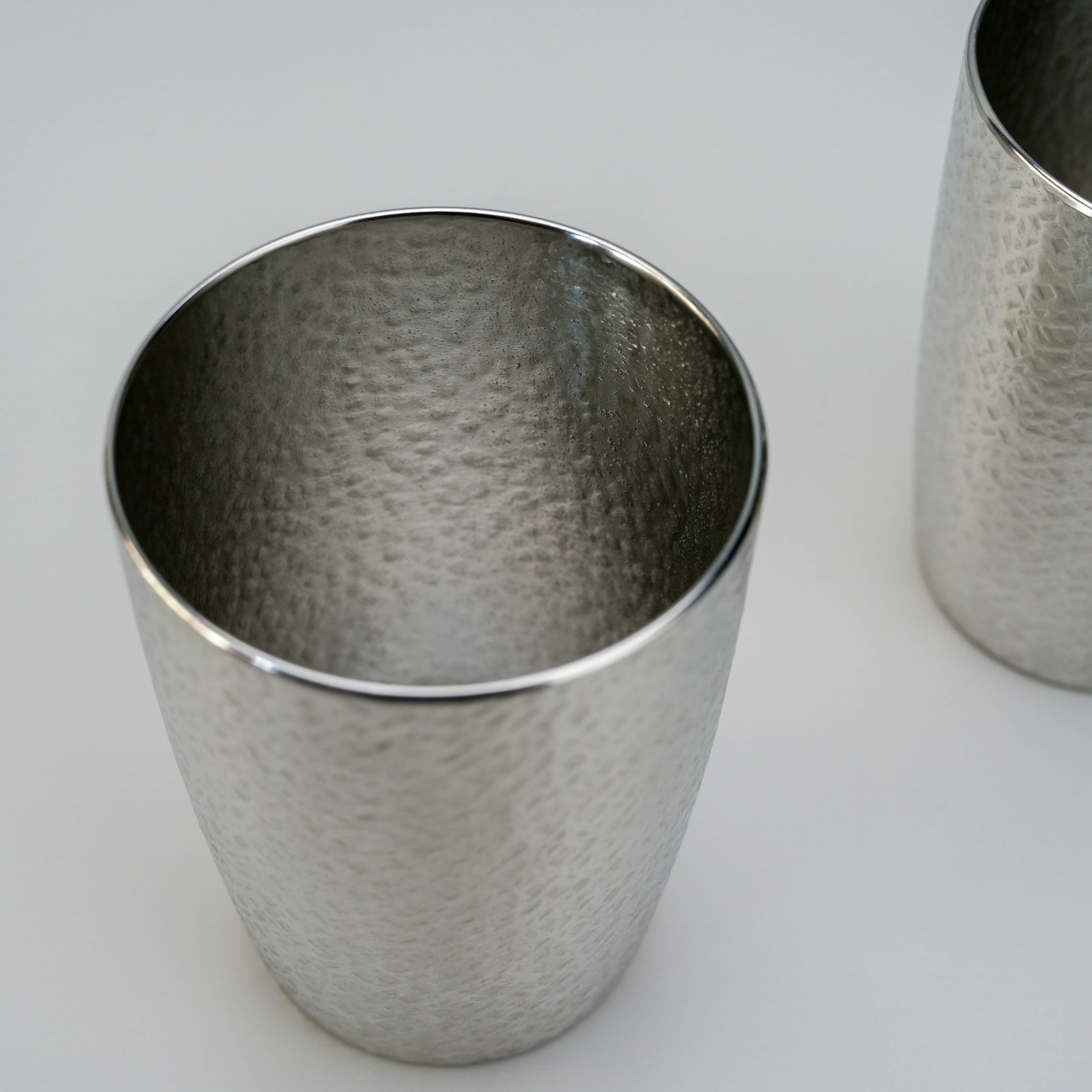 Osaka Tinware Tumbler Set - Tin Tumbler | Pure Tin, 2pc close-up reveals the fine hammered texture and smooth rim, enhancing the tactile drinking experience.