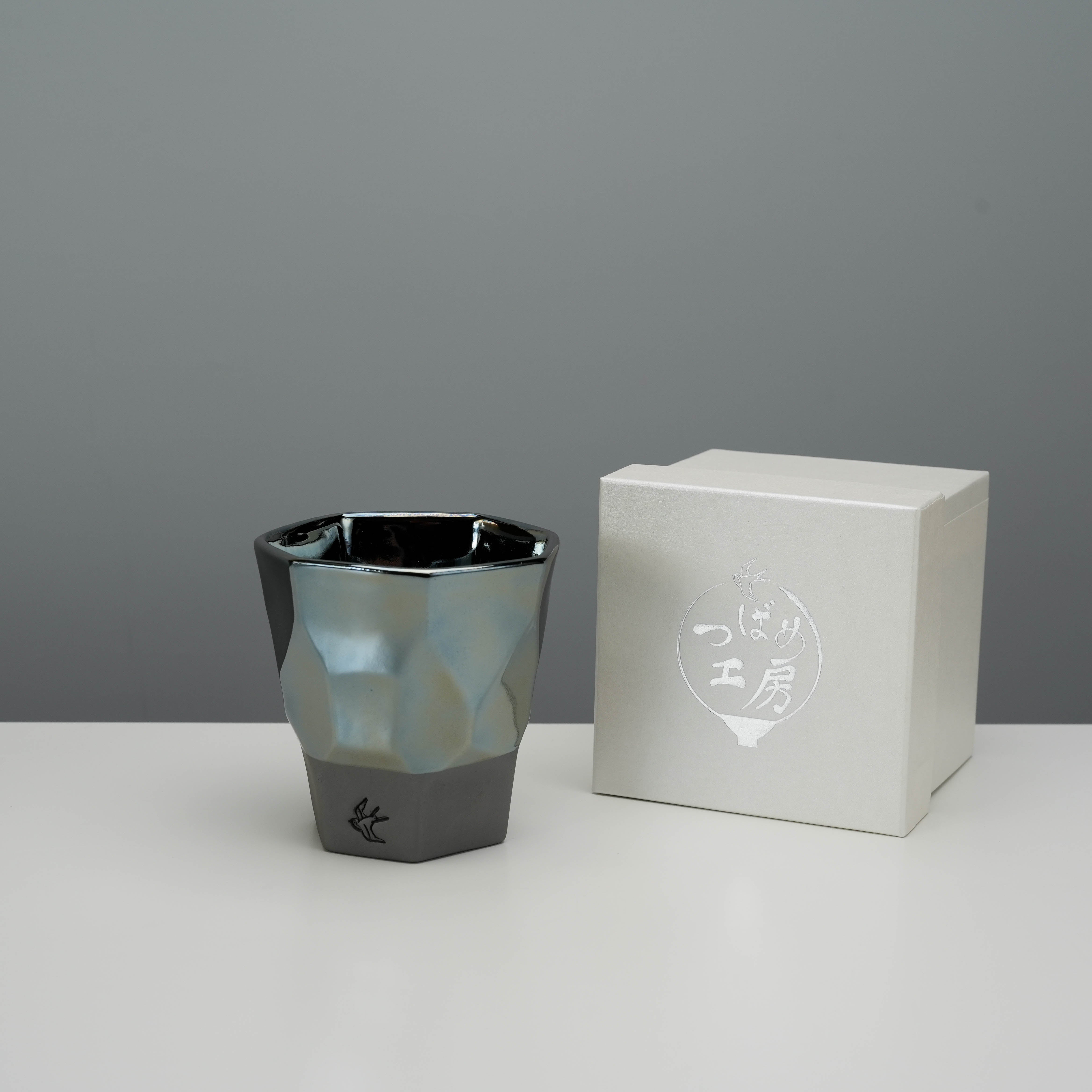 Tsubame Kobo Free Cup - Tumbler shown with branded box, featuring platinum blue glaze and artisanal Japanese craftsmanship.