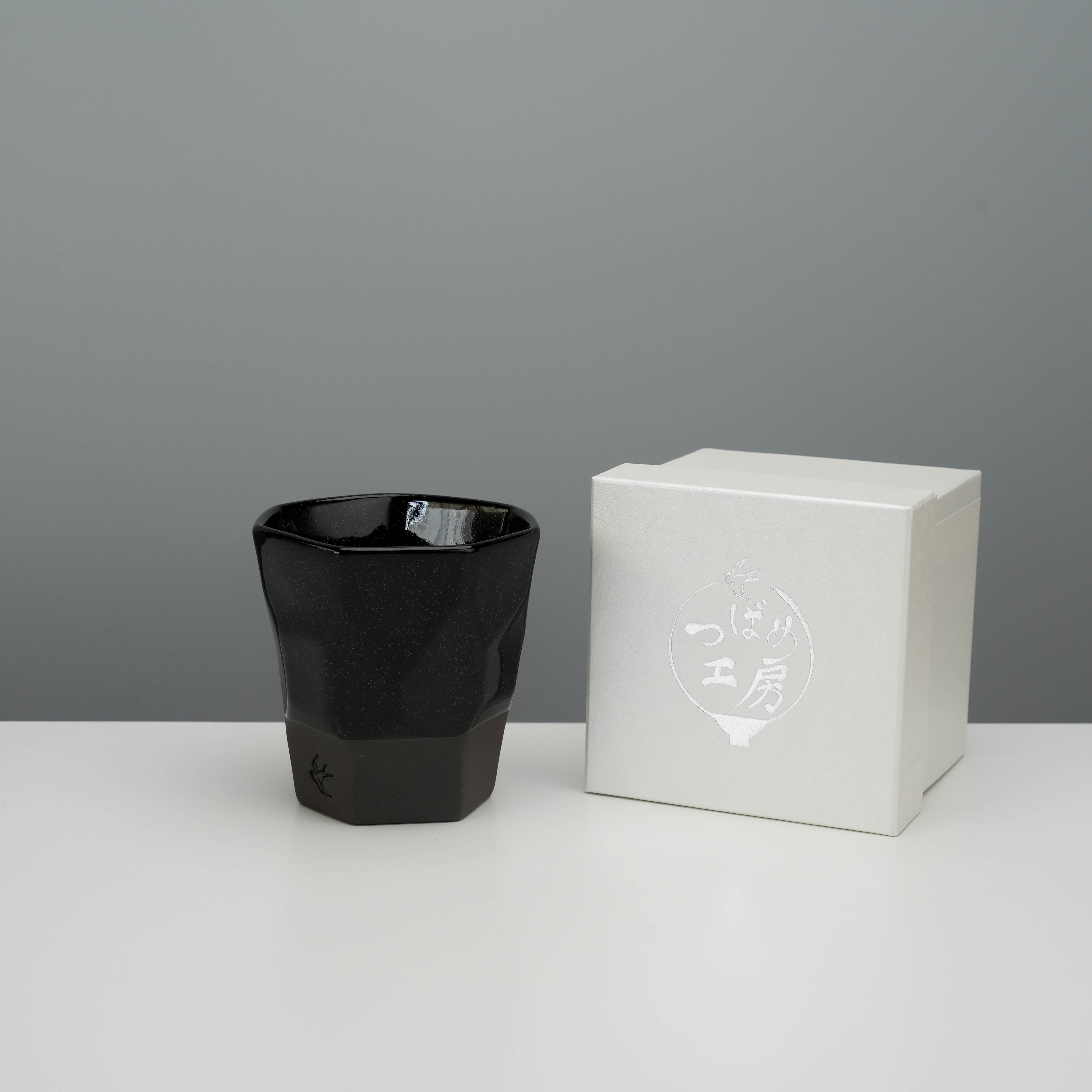 Tsubame Kobo Free Cup with branded box, handcrafted from black clay, 220ml drinkware perfect for gifting or daily use.
