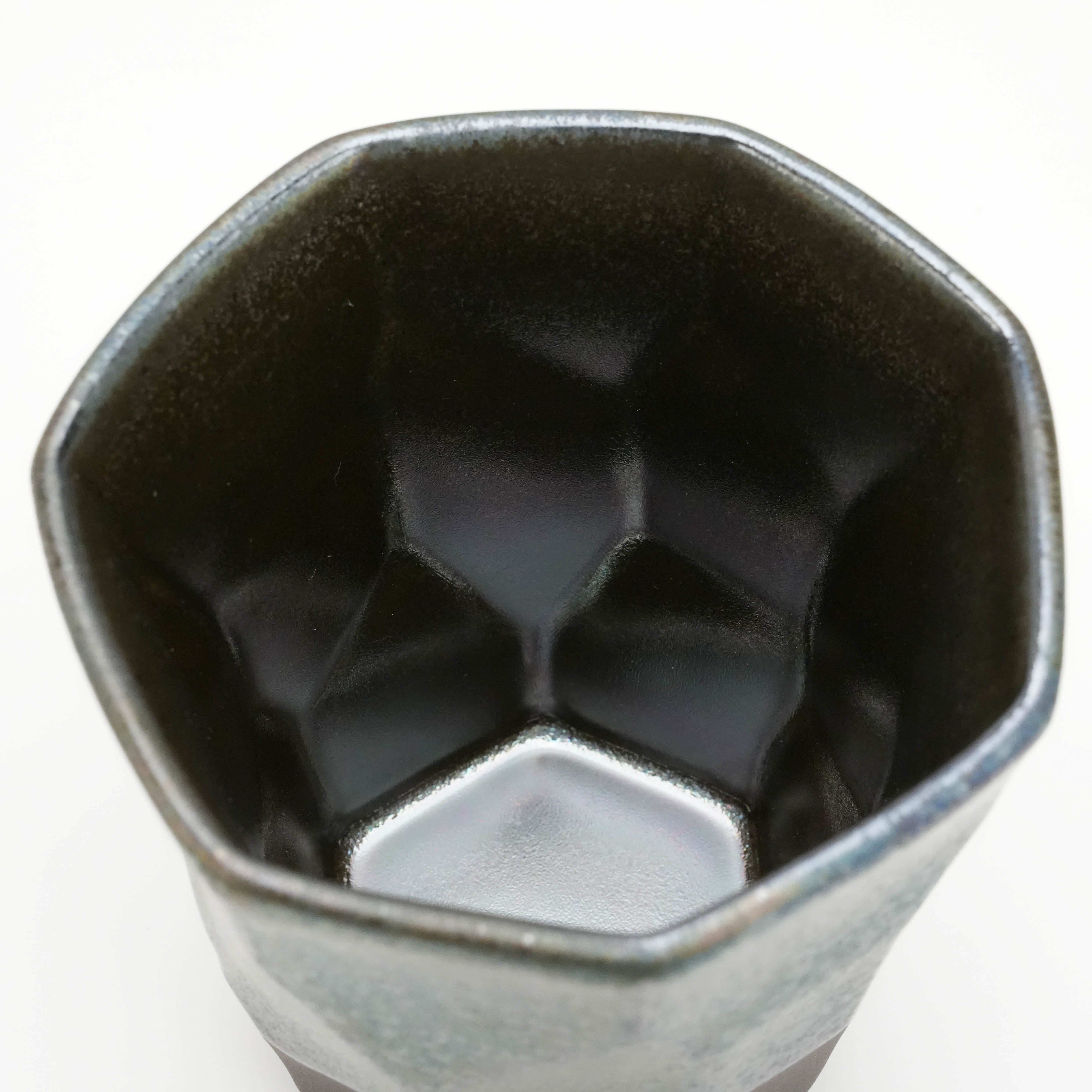 Interior view of Tsubame Kobo Free Cup - Metal Cup showcasing geometric inner surface and metallic glaze finish, 220ml capacity.