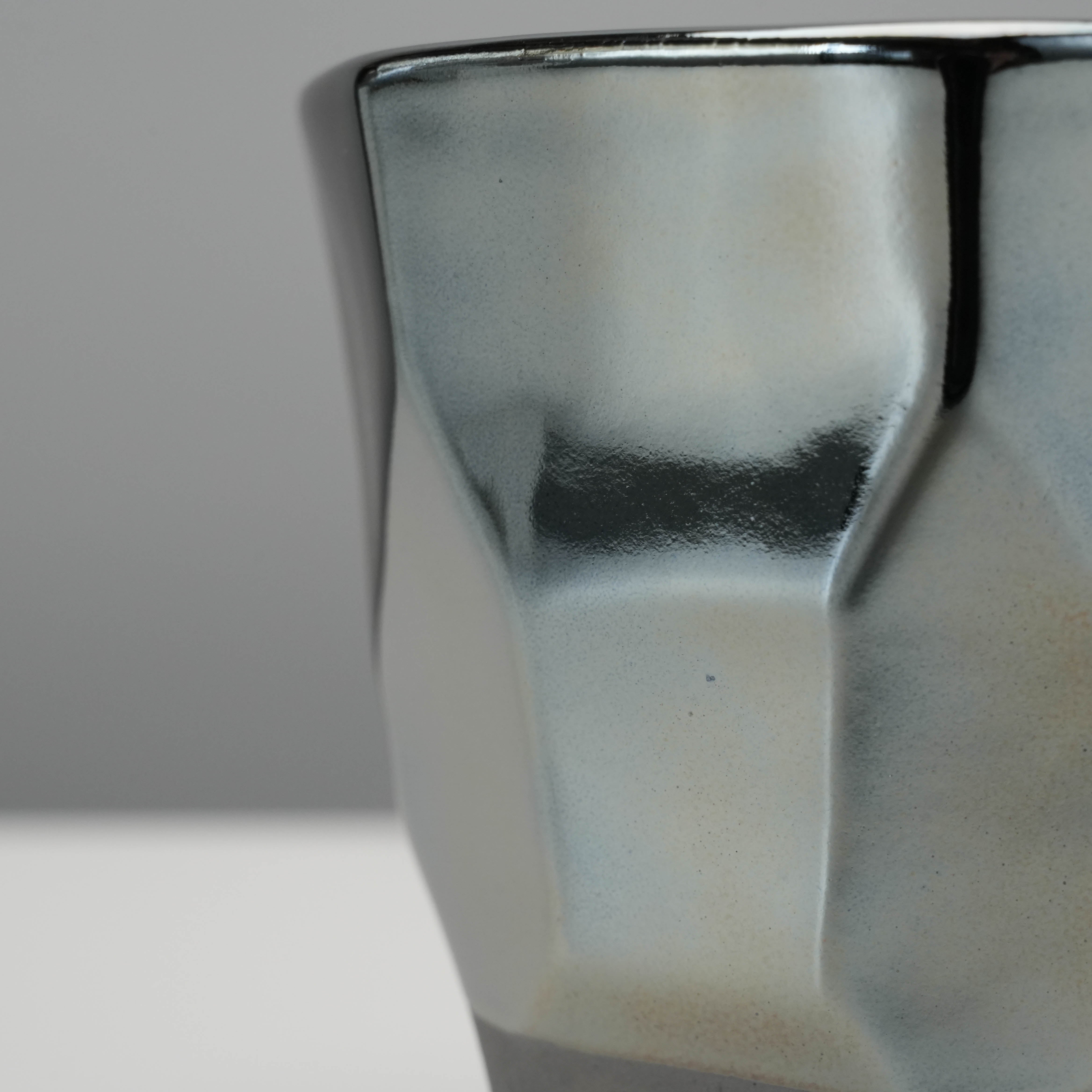 Detail of Tsubame Kobo Free Cup - Tumbler's platinum blue glaze texture and subtle color transitions on ceramic surface.