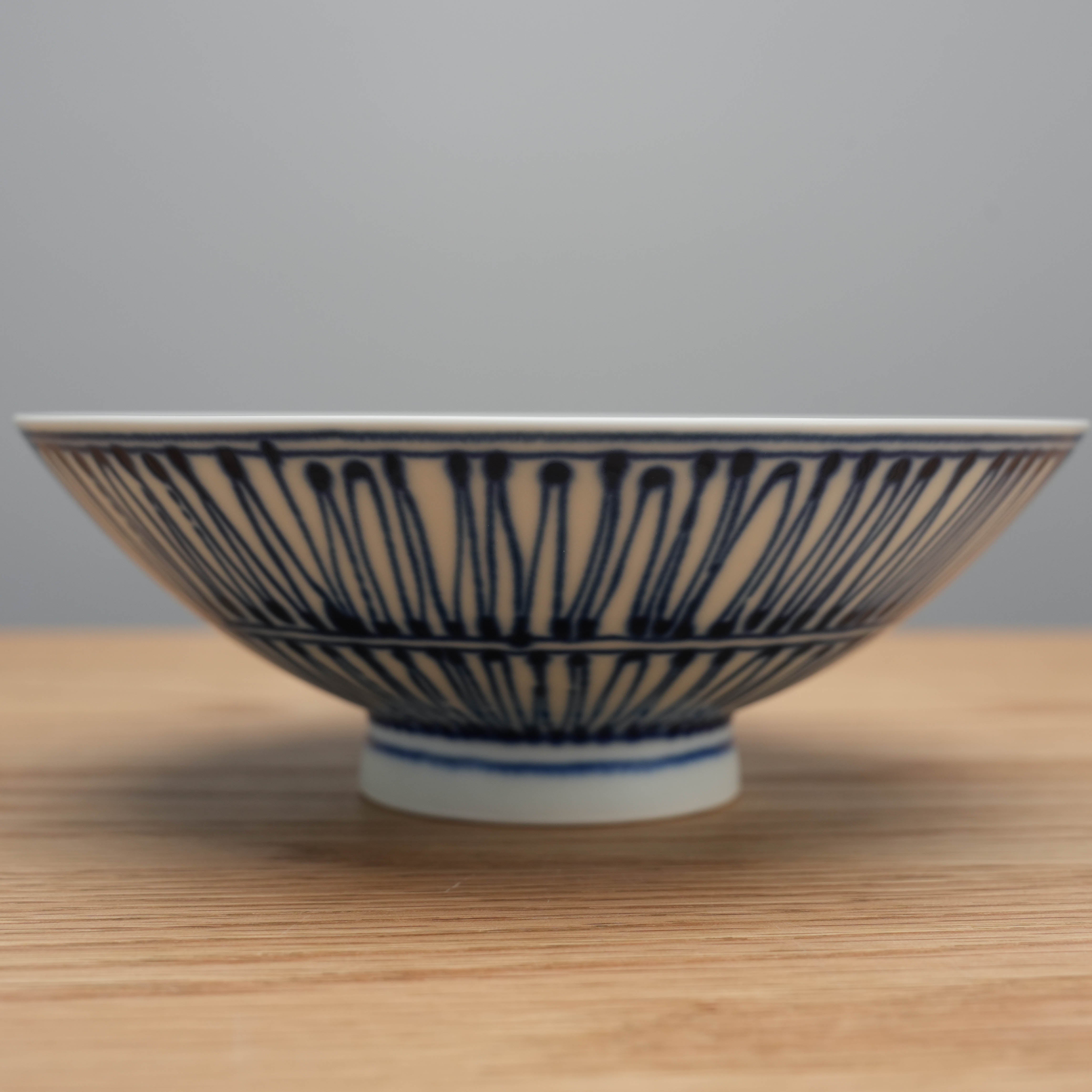 Side profile of Hasami Ware Flat Bowl - Rice Bowl with elegant blue straw detailing, a versatile piece for stylish food storage or serving.