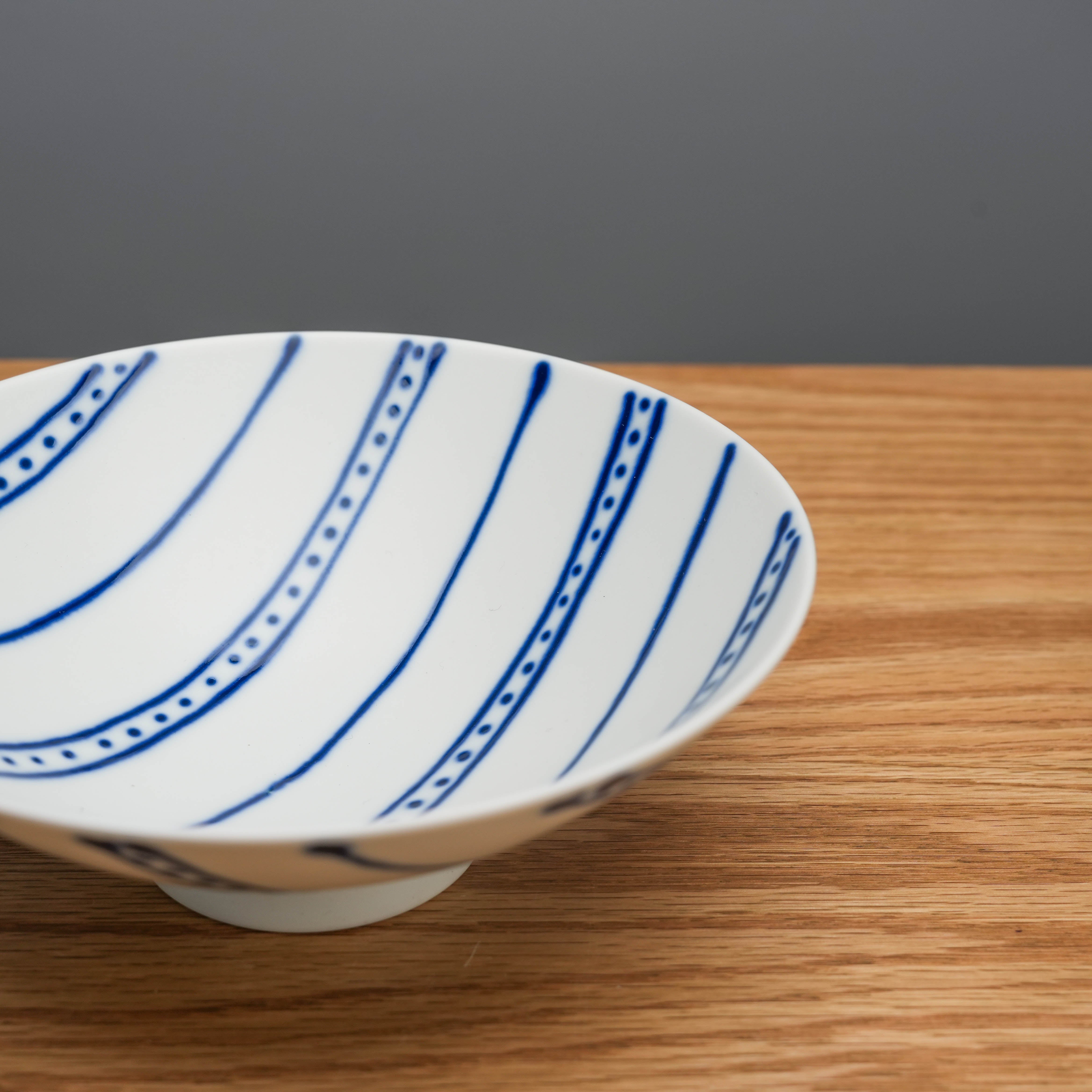 Close-up of Hasami Ware Flat Bowl Blue with detailed blue stripe pattern, perfect for stylish food storage and serving in contemporary homes.