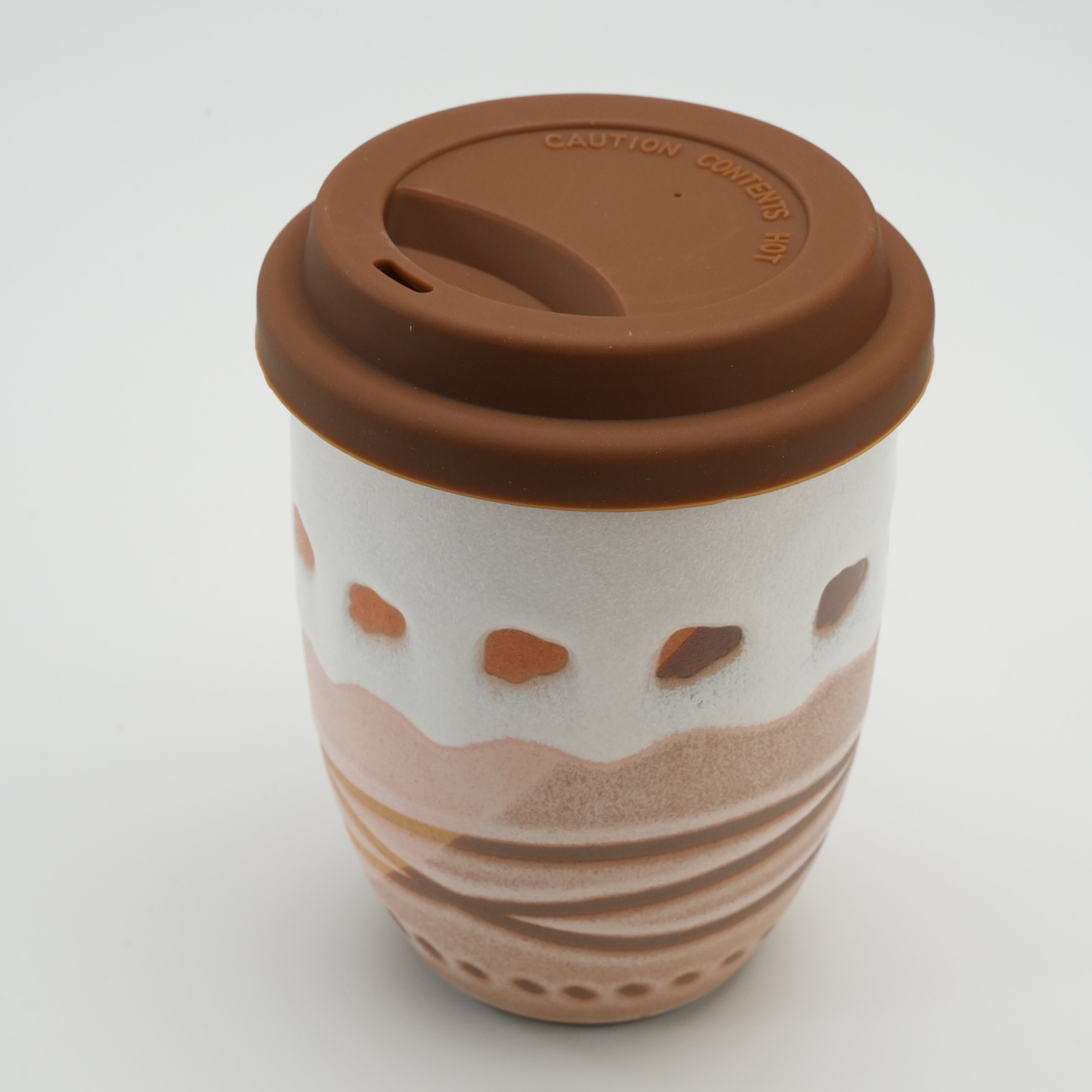 Handiceramics Acorn Travel Cup - Taro in large size with brown silicone lid, featuring hand-glazed ceramic and earthy tones for eco-friendly coffee drinking.