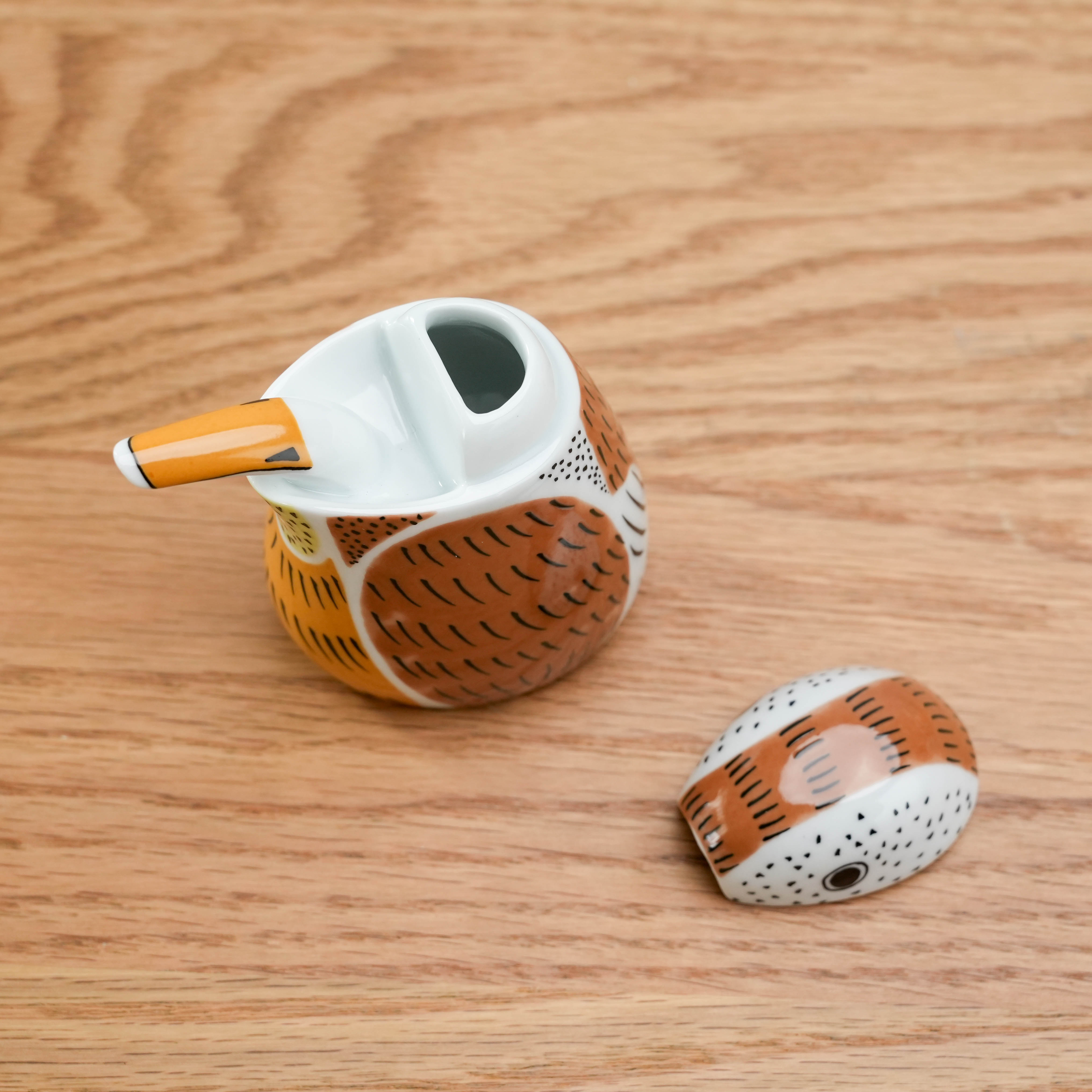 Top view of Arita Sparrow Soy Sauce Dispenser with removable lid and spout, highlighting functional craftsmanship and artistic Japanese style.