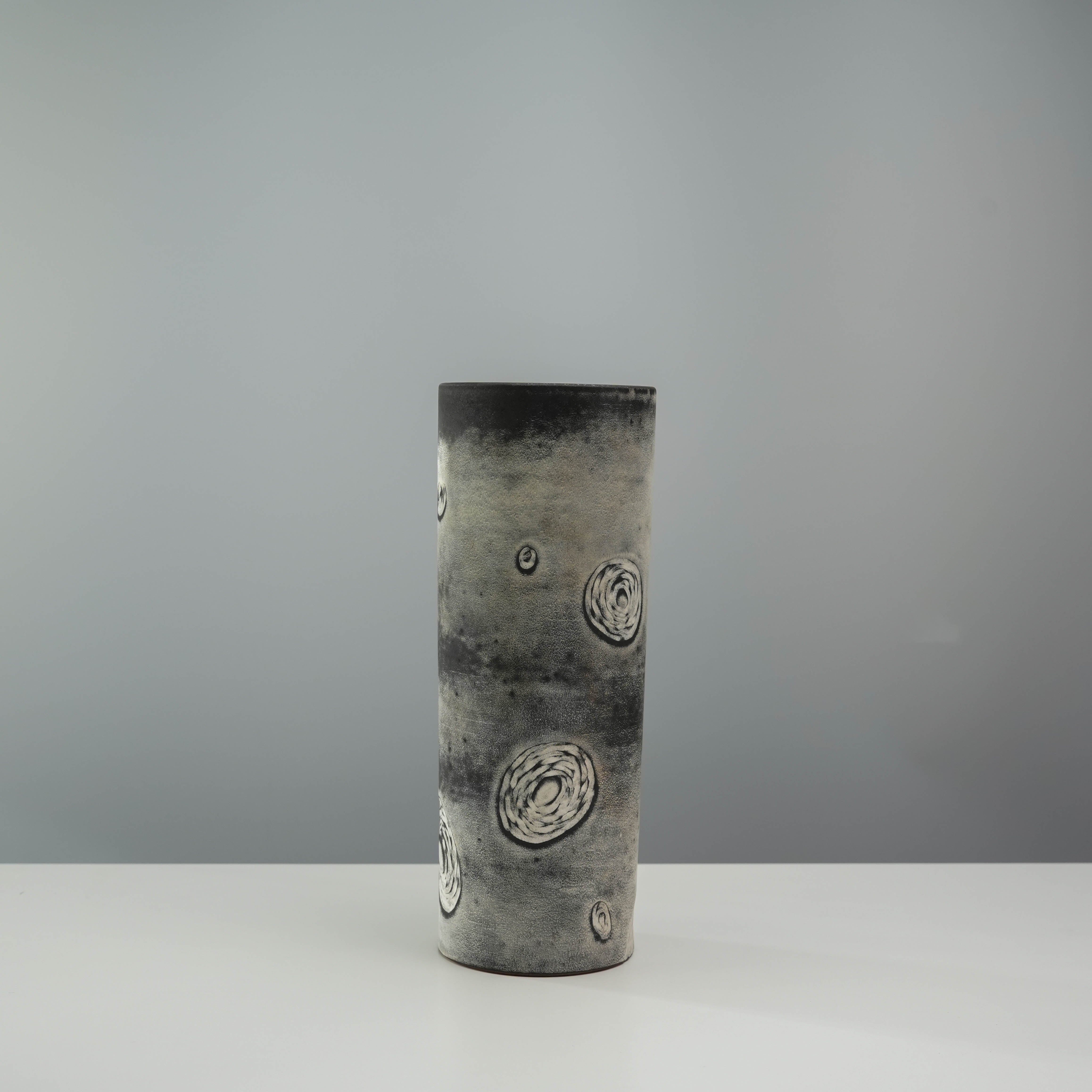 Starry Night Cylinder Vase - Silver Glaze Scene | 10 x 10 x H30cm, featuring celestial swirls on a textured gray surface by Lonesome Studio.