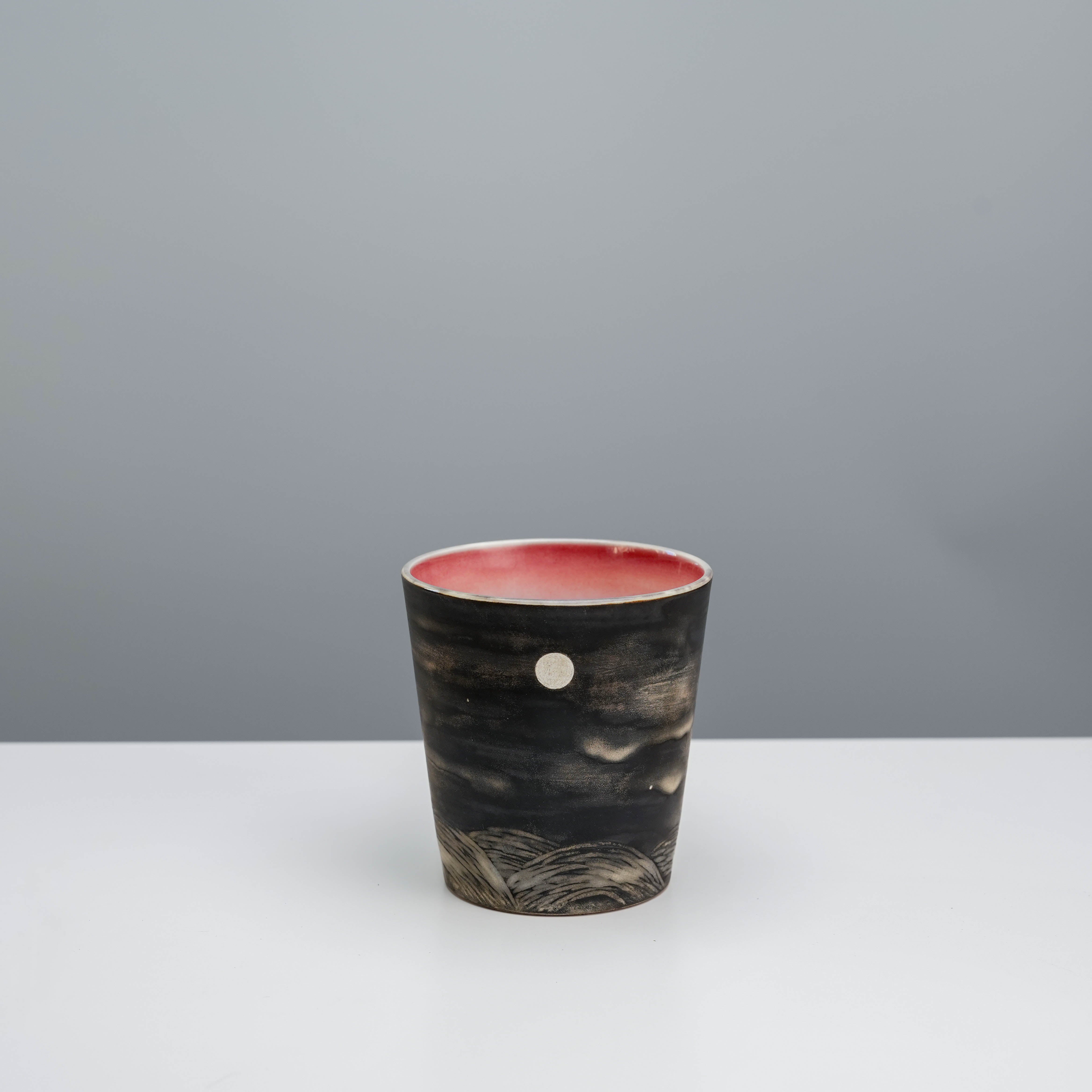 Evening Moon Coffee Tumbler by Lonesome Studio featuring a silver full moon motif and dark sky glaze, 300ml ceramic mug for artistic drinkware.