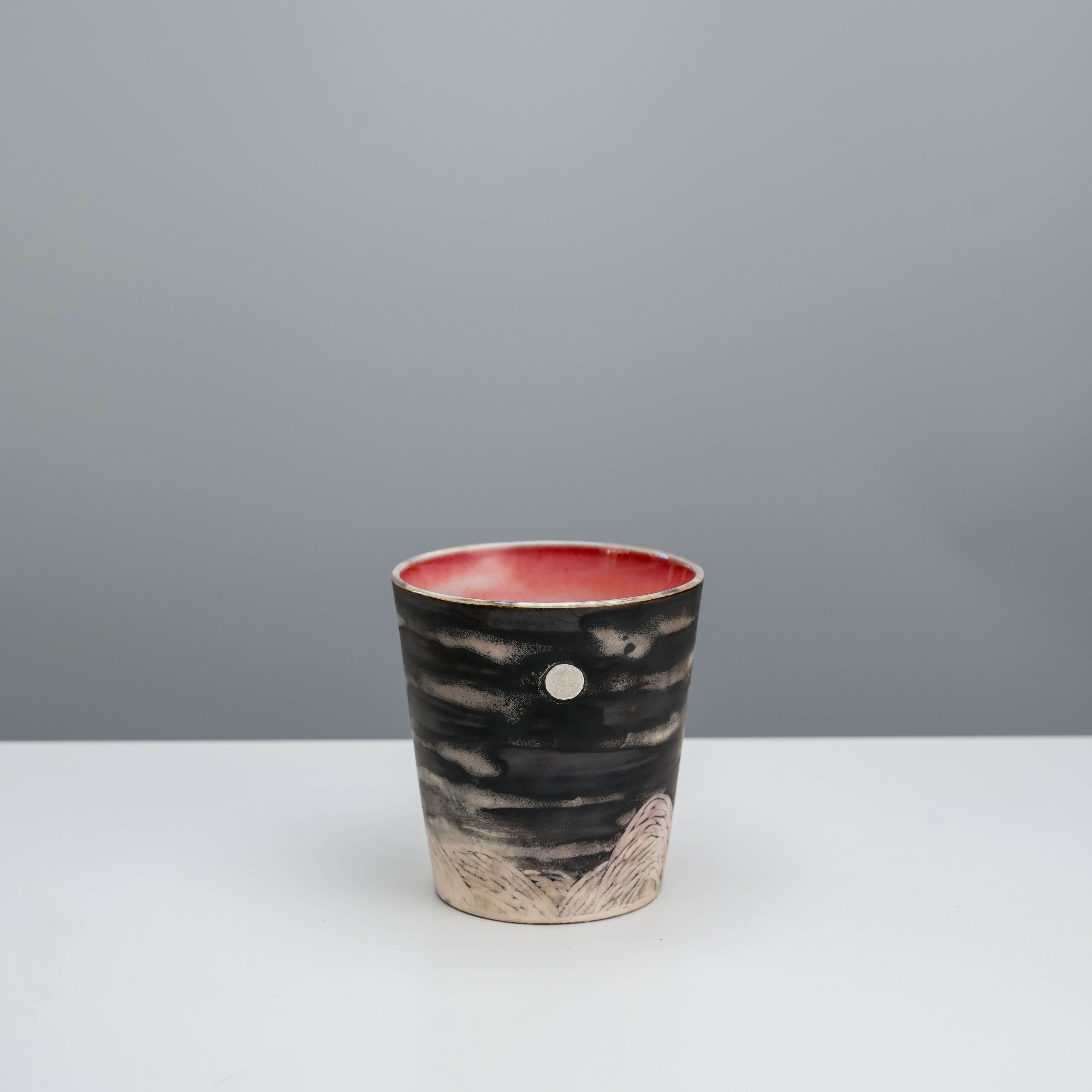 Lonesome Studio Evening Moon Coffee Tumbler with silver moon accent and textured landscape, 300ml artisan ceramic mug for stylish tableware.