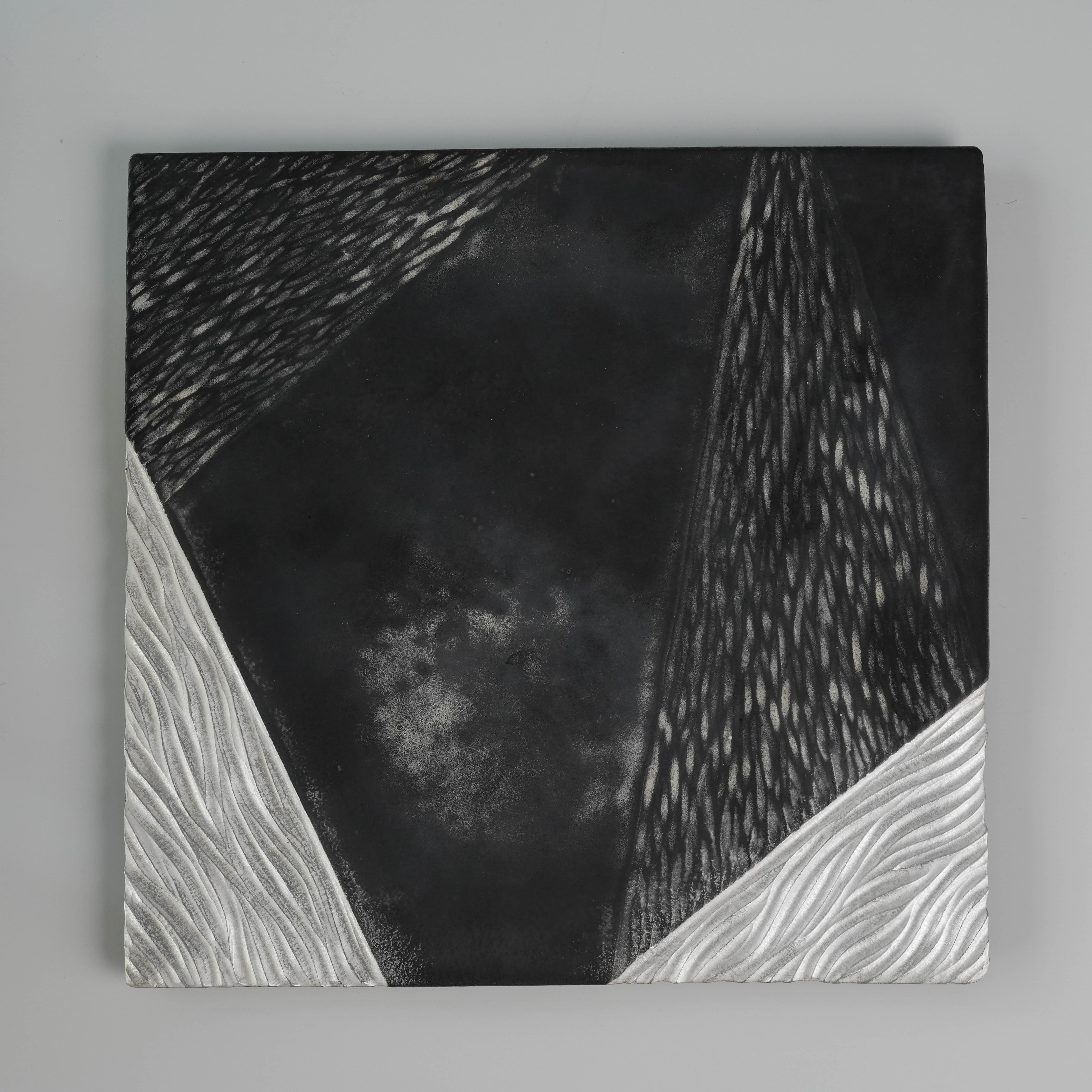 Top view of the Lonesome Studio Gushan Tea Set tray with abstract black and silver glaze patterns, part of the elegant tea set.