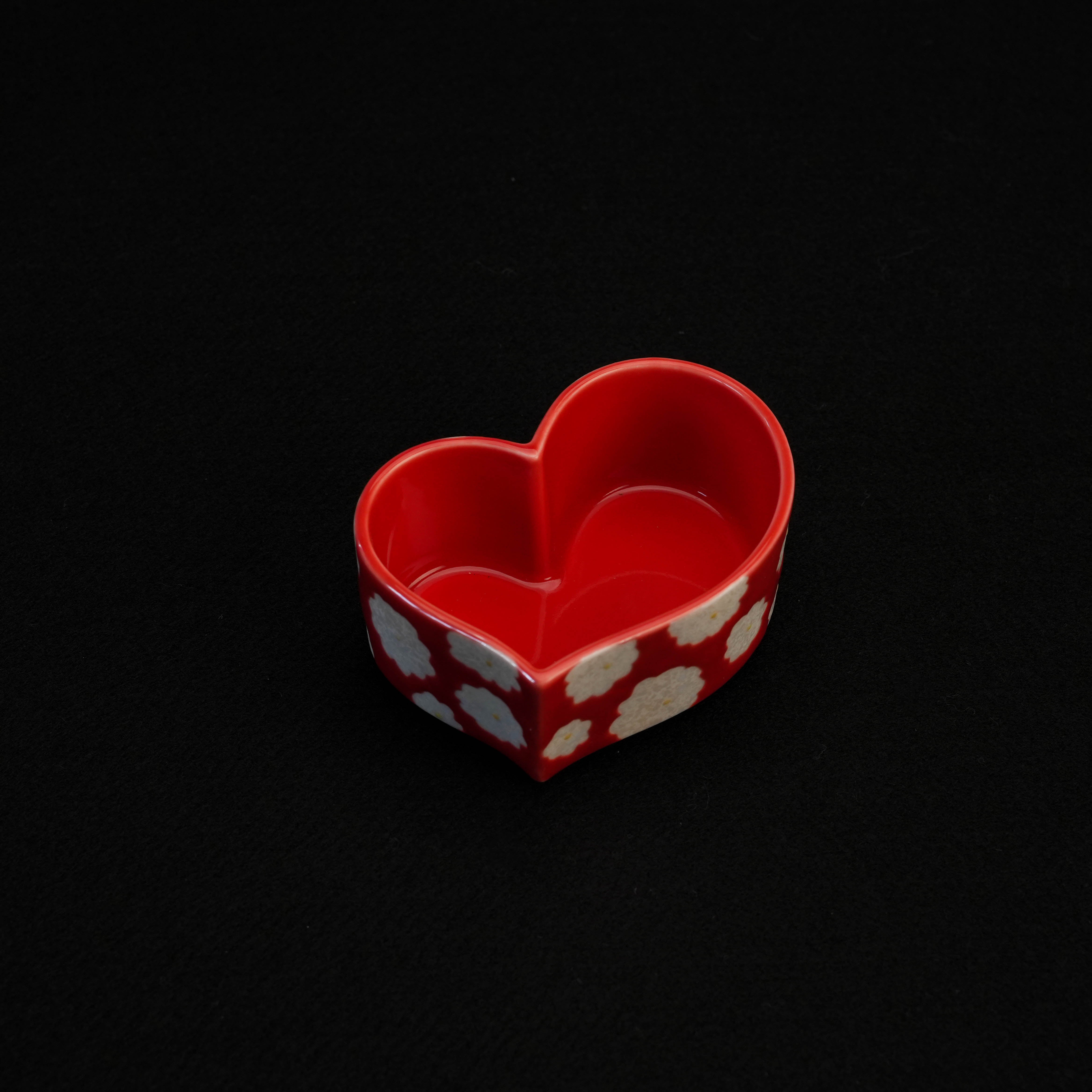 Open Arita Ware Nishiki Red Flower Pearl Glaze Trinket Box showing heart-shaped interior, perfect for keepsakes or rings.
