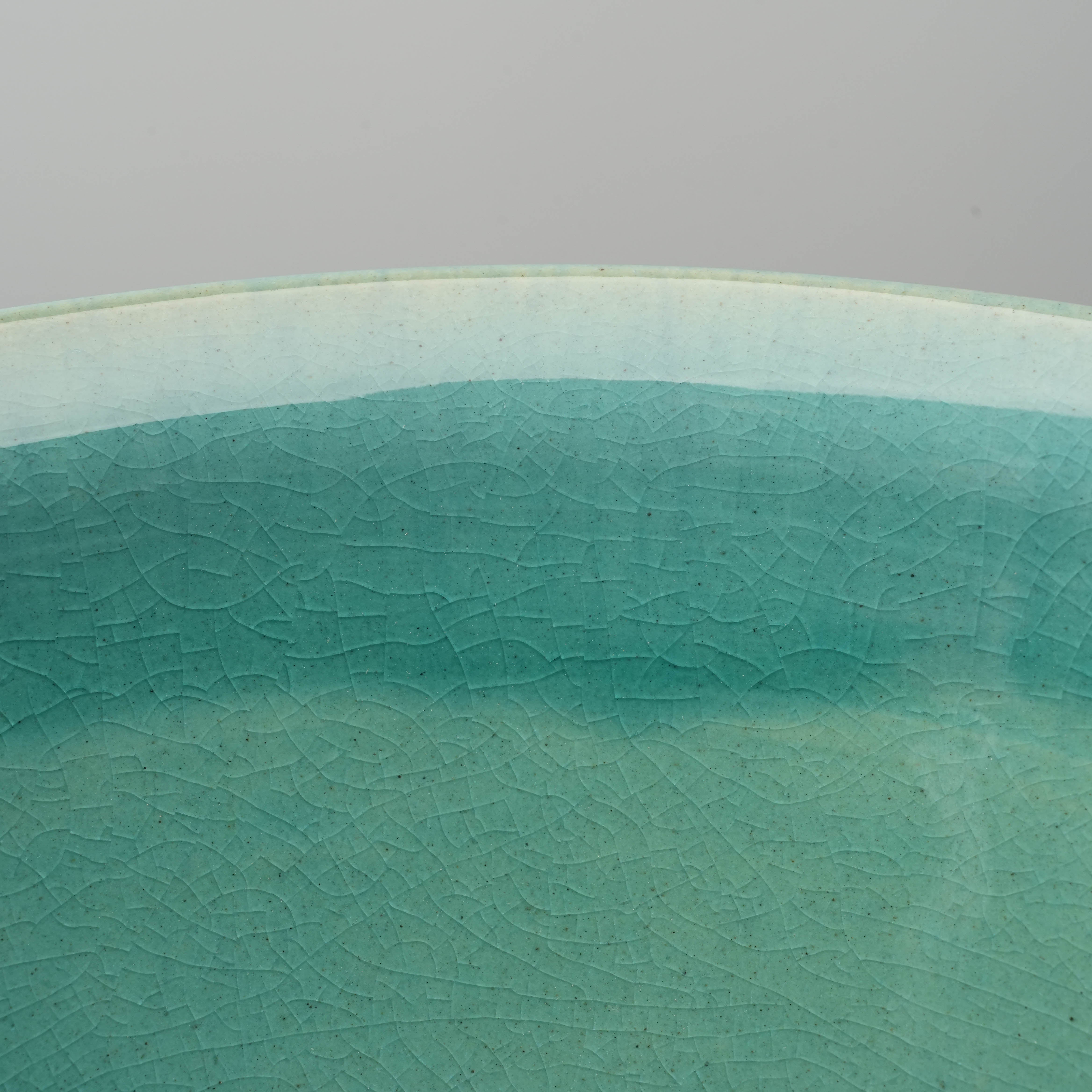 Close-up of the Mino Ware Bowl's Turkish Blue glaze showing intricate crackle texture, highlighting Japanese craftsmanship.