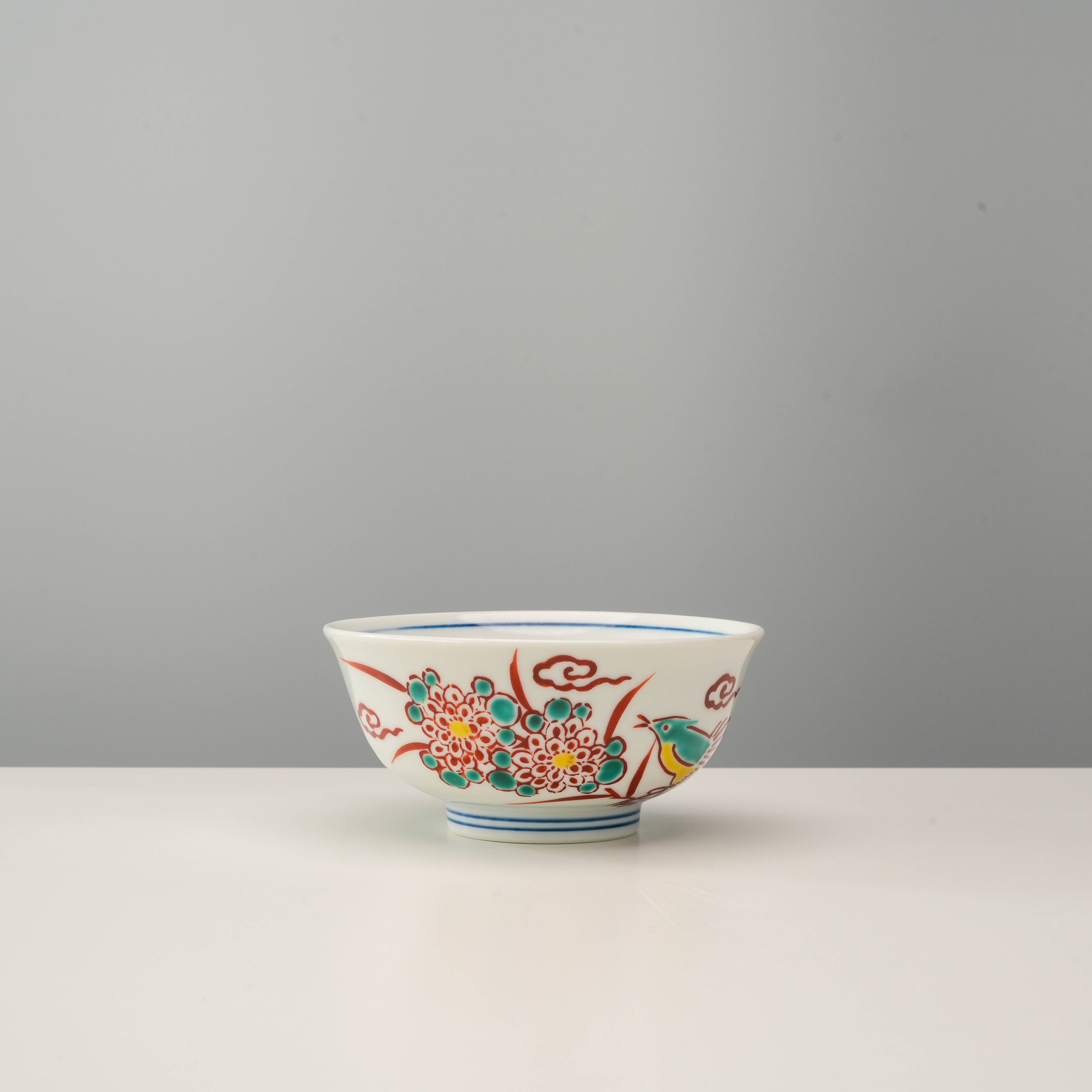 Hand-painted Kutani Ware Rice Bowl with red bird and chrysanthemum floral detail, suitable for serving rice or side dishes.