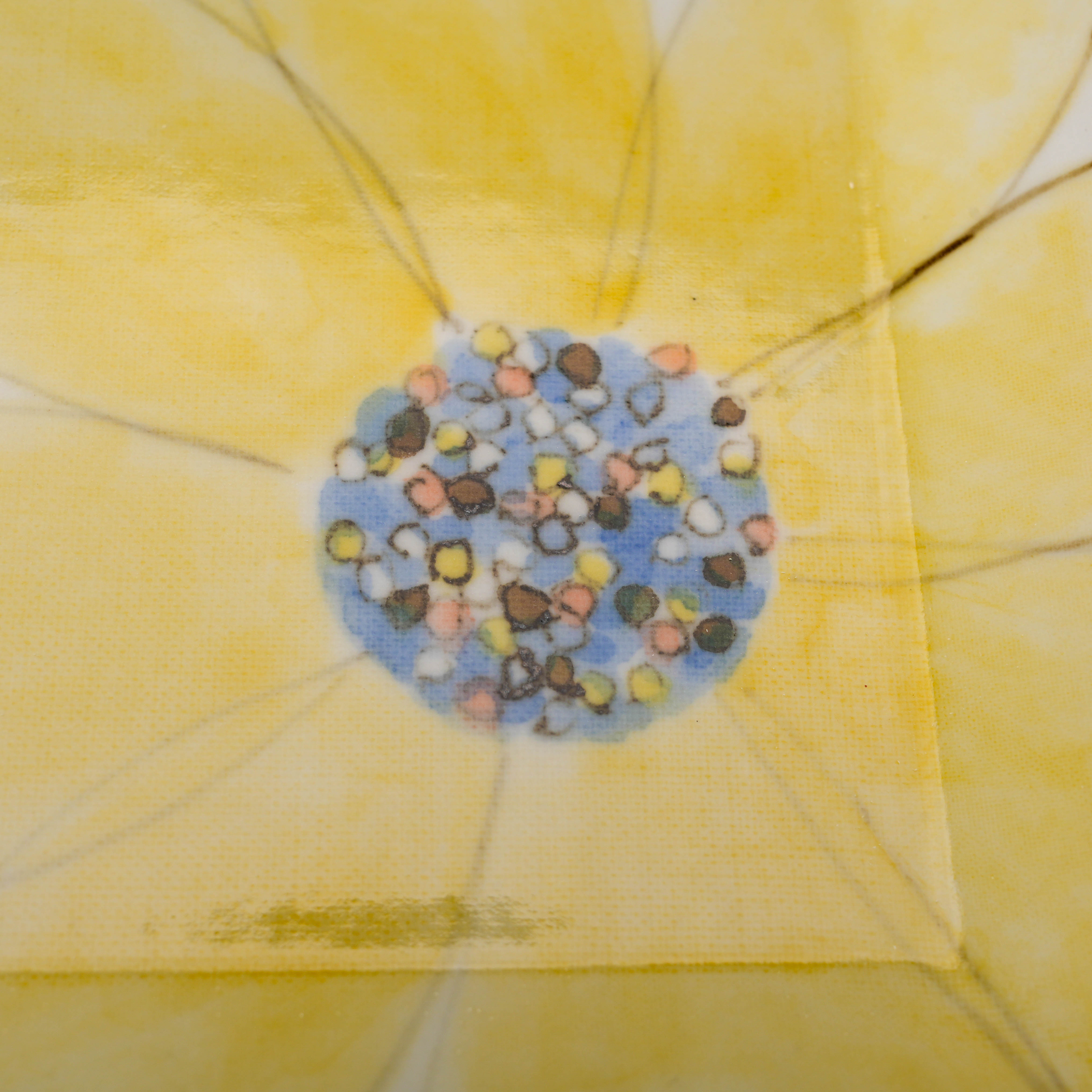 Detailed view of the hand-painted flower center on the Kutani Ware Yellow Petal Serving Plate, showcasing colorful dotted accents.