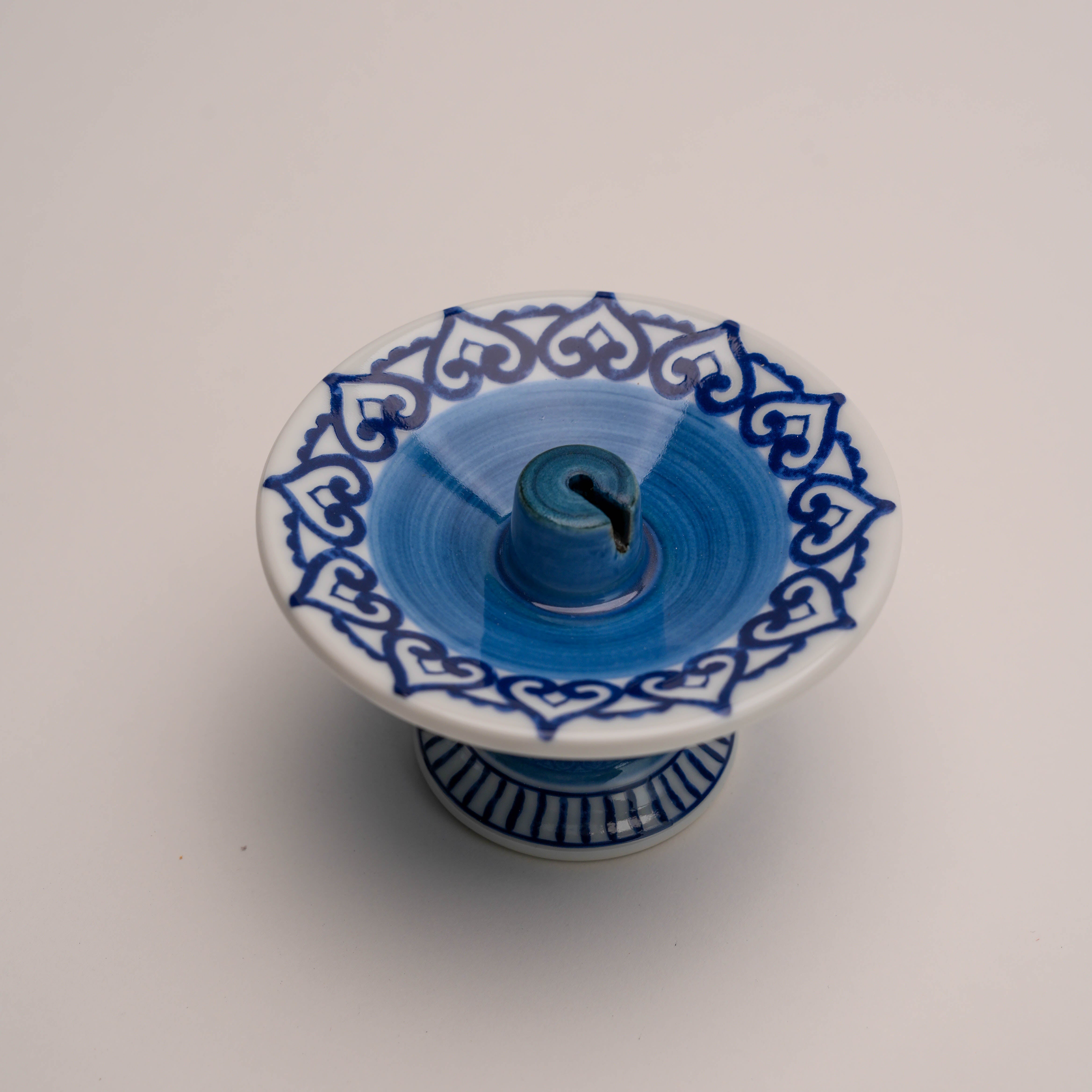 Shoyeido Arabesque Incense Burner without incense, showcasing the central holder and ornate blue pattern, perfect for home fragrance accessories.