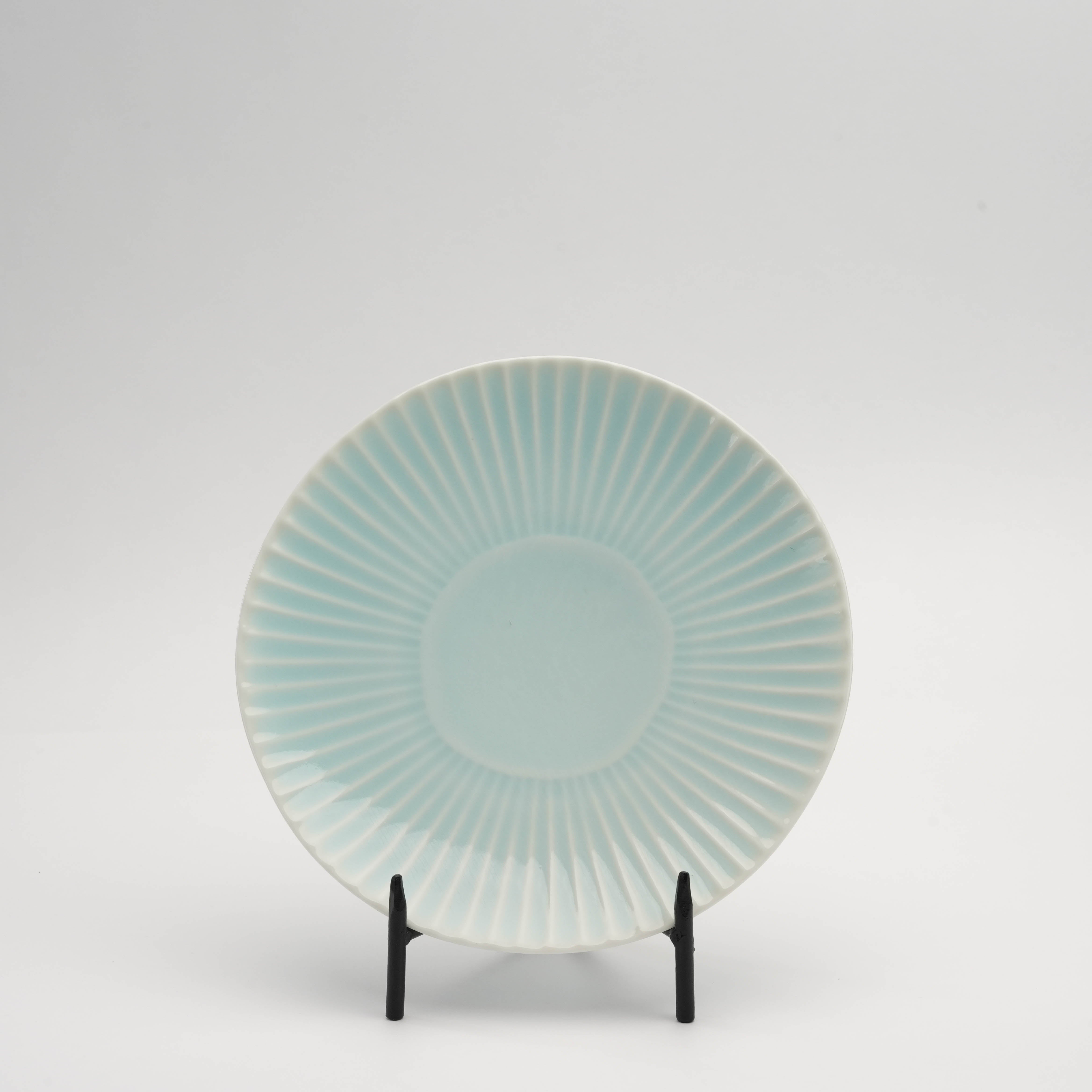 Arita Ware Plate - Medium Plate in celadon with indigo Tokusa stripe design, ideal for desserts or appetizers in elegant table settings.