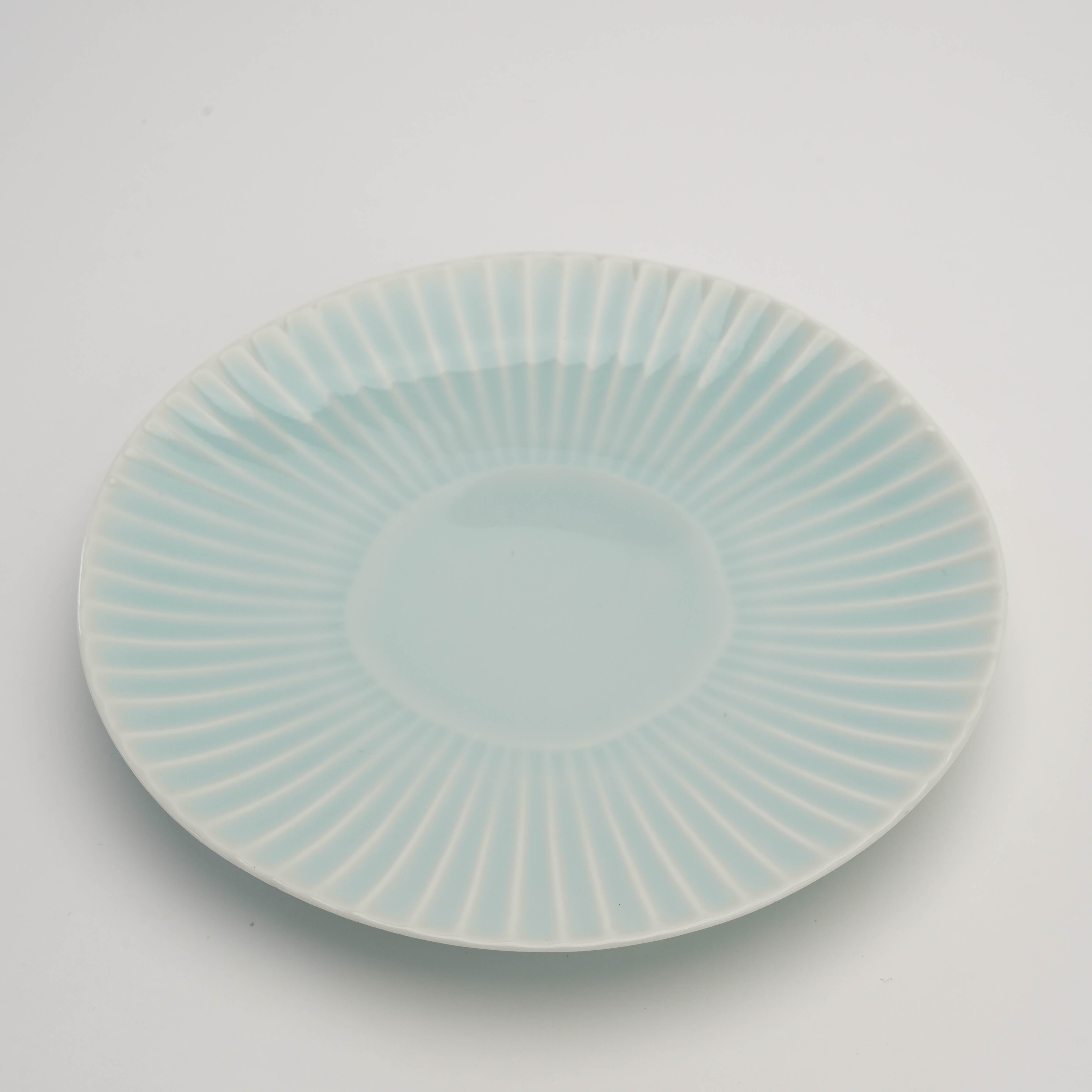 Celadon Arita Ware Shinogi Medium Plate featuring radial indigo lines, perfect for stylish serving in modern or traditional dining decor.