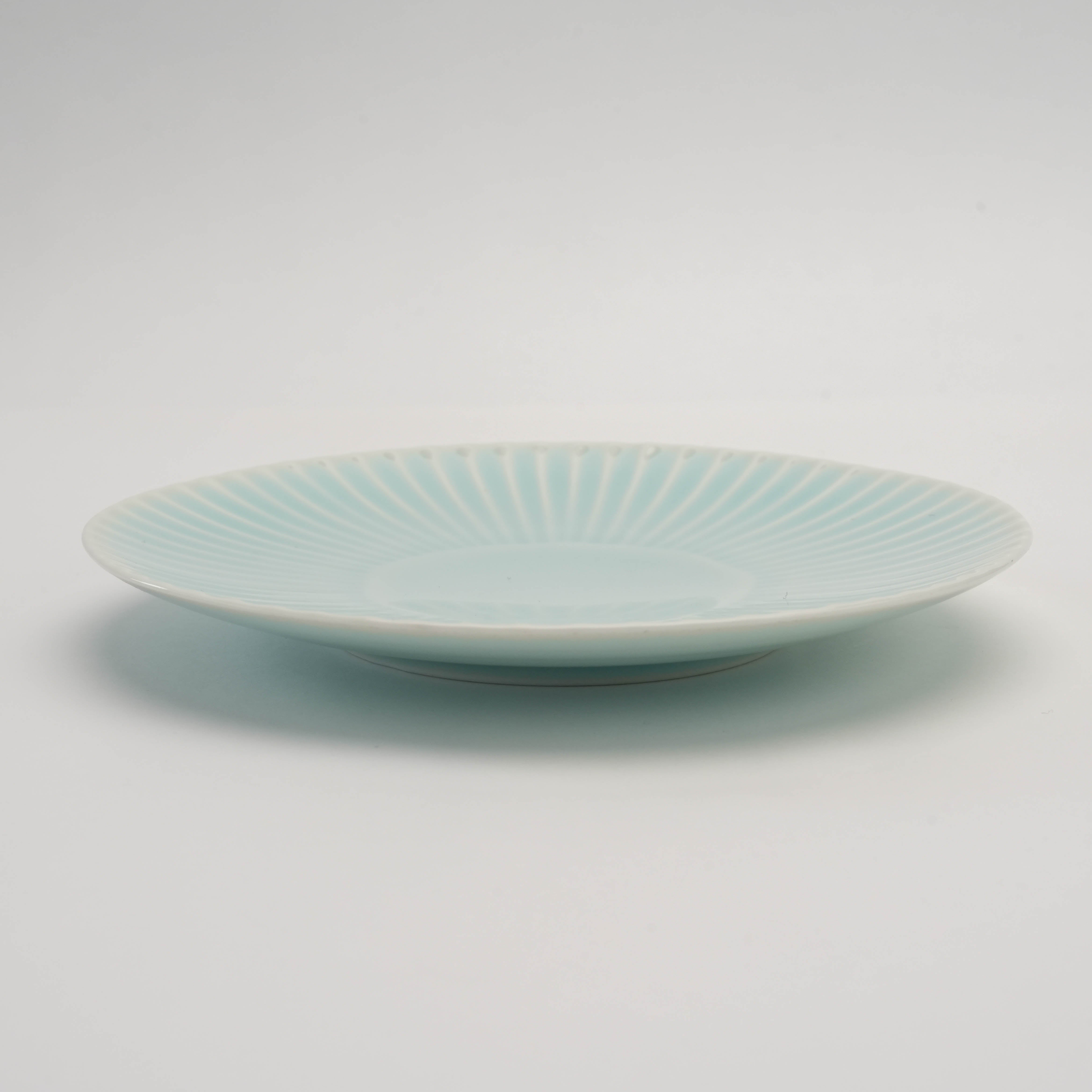 Side view of Arita Ware Plate - Medium Plate in celadon, showcasing its shallow depth and refined Shinogi texture for versatile use.