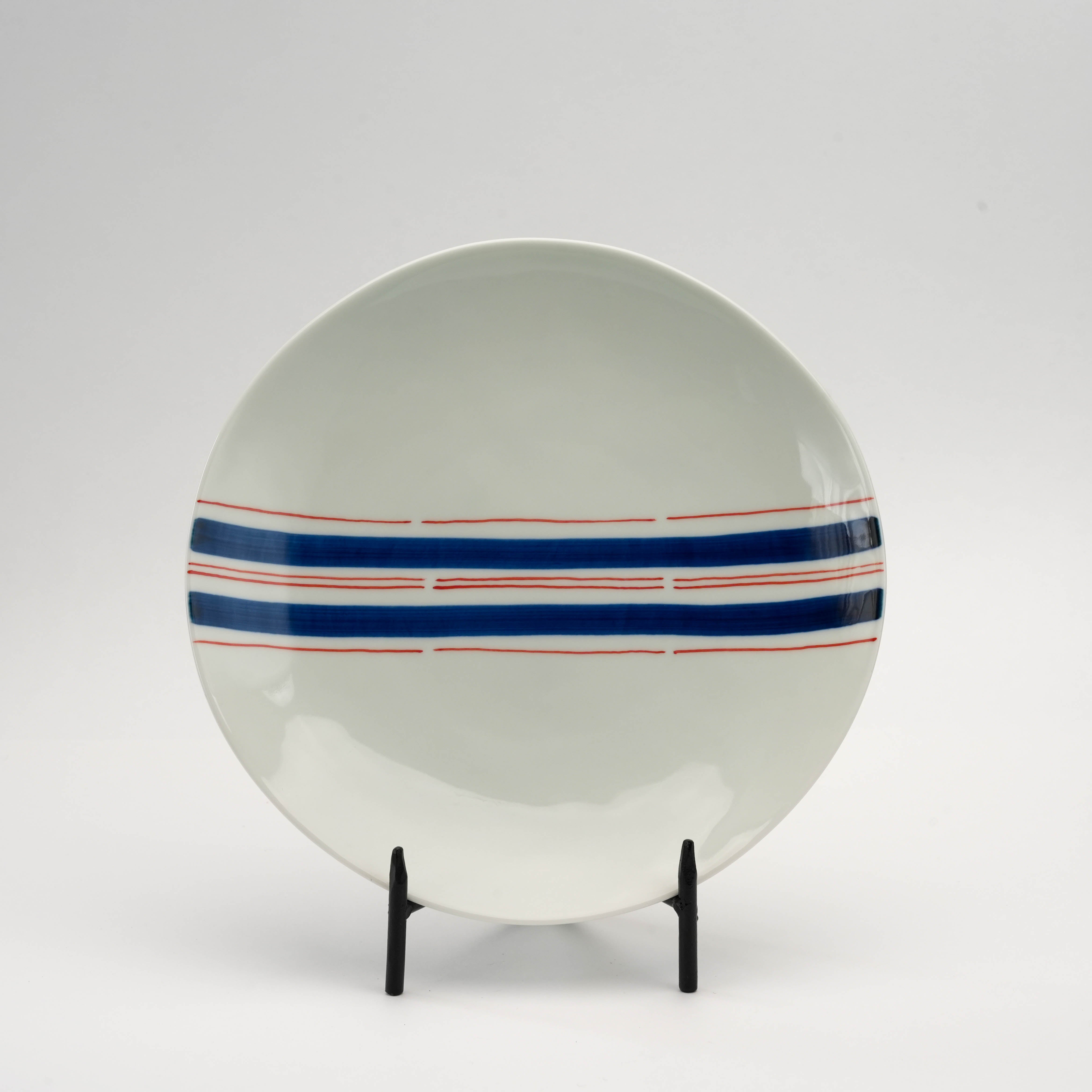 Arita Ware Stripes Plate - Obi-Tokusa Design in medium size, featuring bold blue and red bands on white ceramic, ideal for appetizers or desserts.