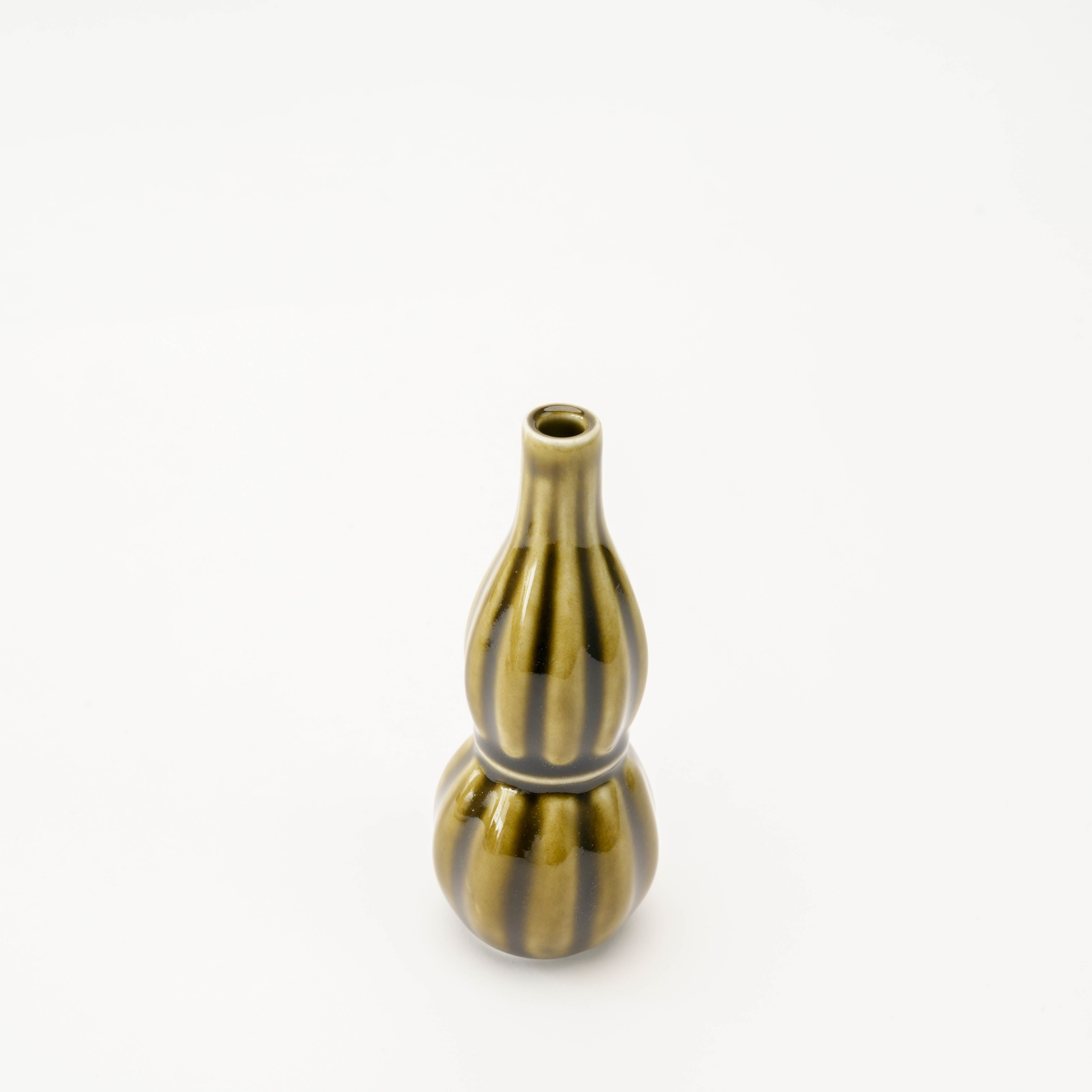 Top view of Arita Ware Olive Green Ribbed Flower Vase highlighting narrow opening and ribbed ceramic texture for elegant arrangements.
