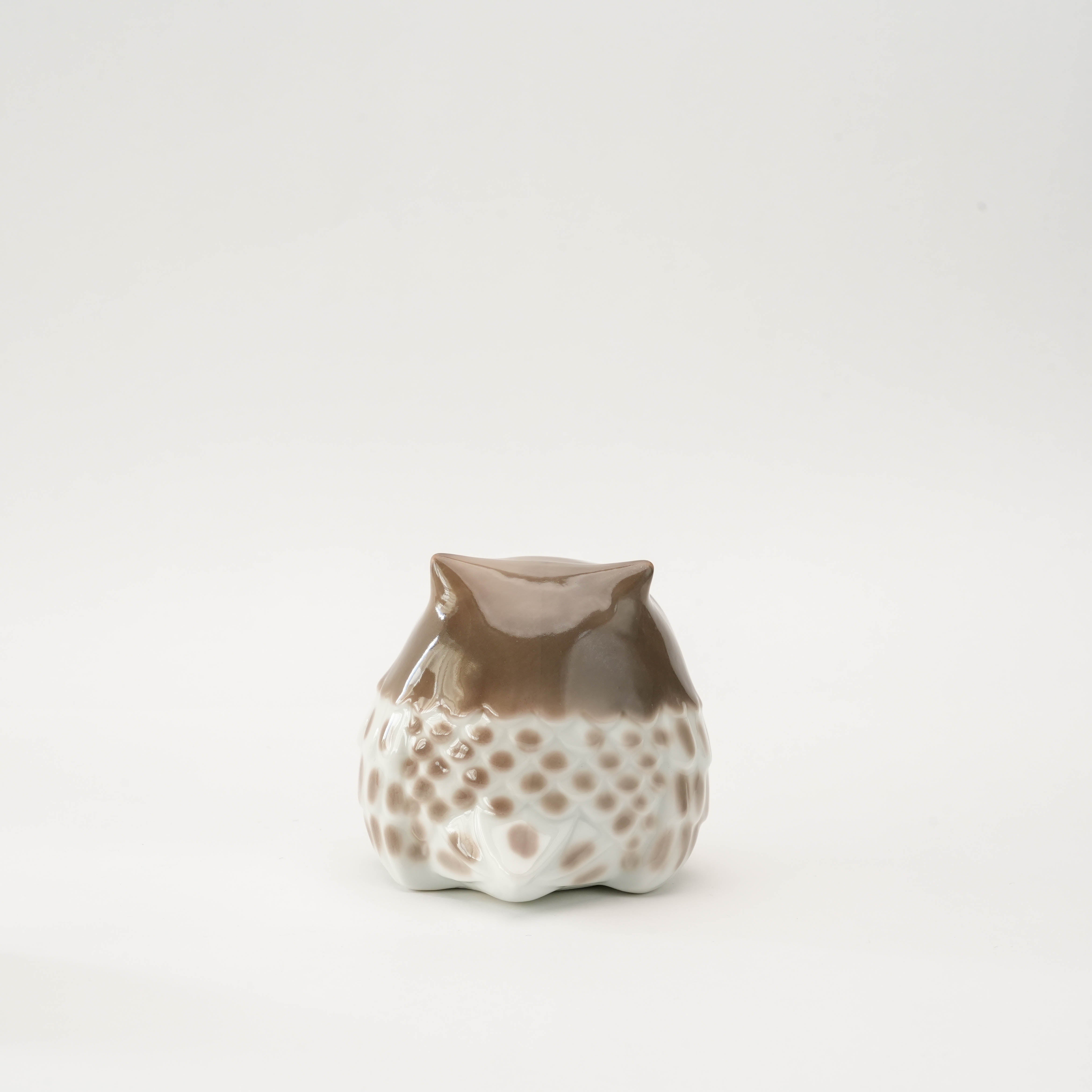 Rear view of large Arita Ware Housuke Owl Ornament with brown and white gradient glaze and sculpted ceramic texture.