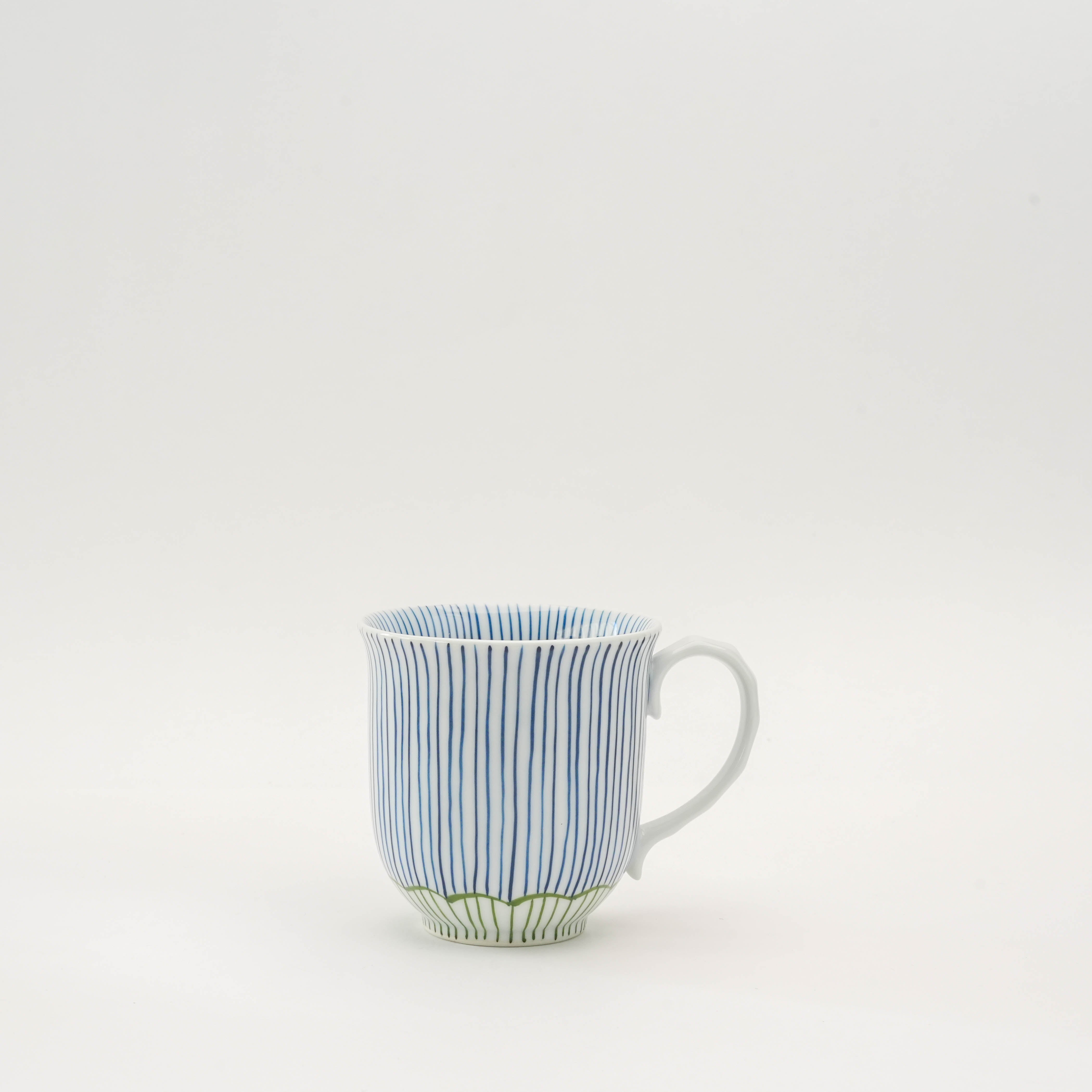 Single Arita Ware Mug with green-striped base and blue vertical lines, part of the Nishoku Tokusa Pair Mug Set made in Japan.