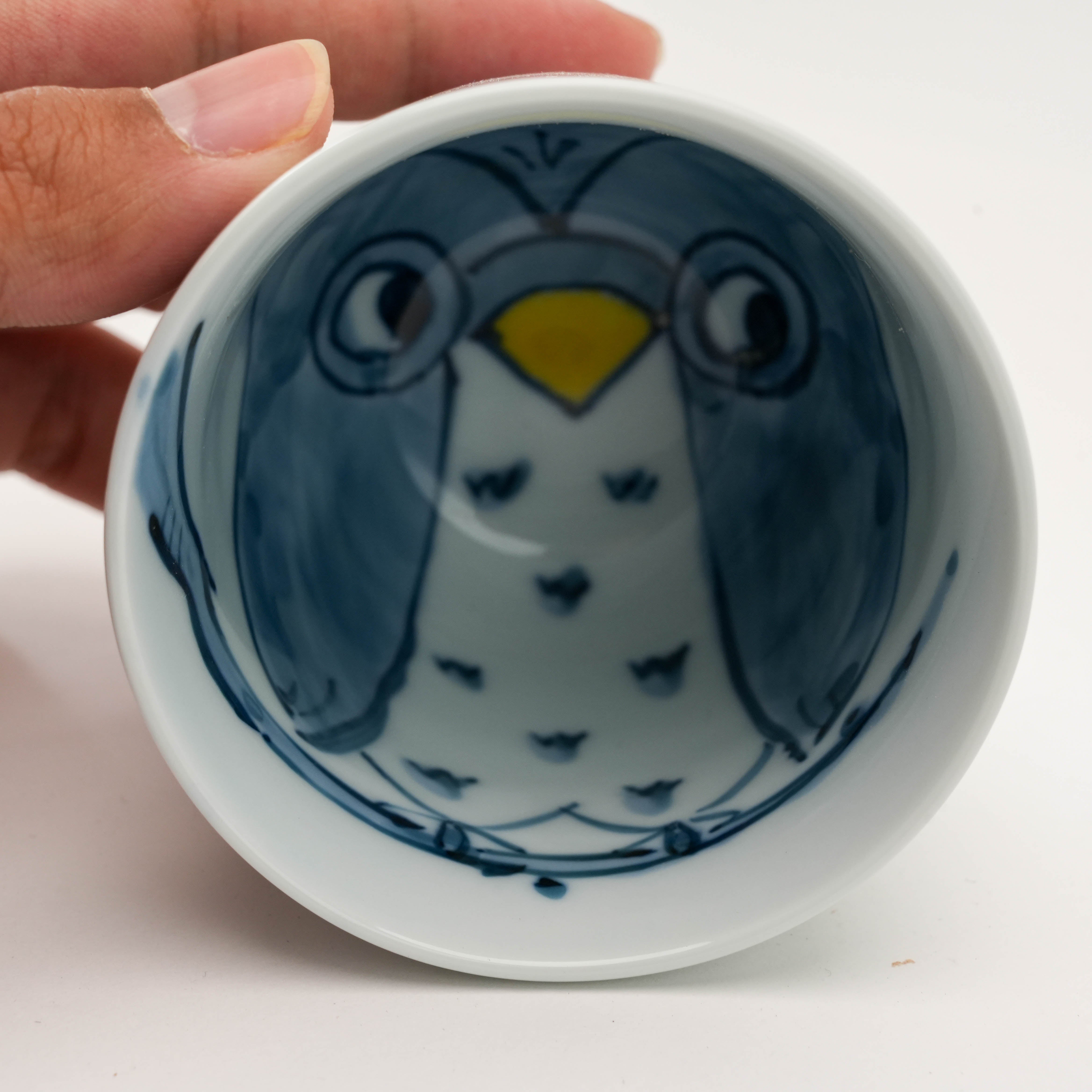 Hand holding Arita Ware Teacup with blue owl design inside. Fun and collectible Japanese porcelain drinkware.