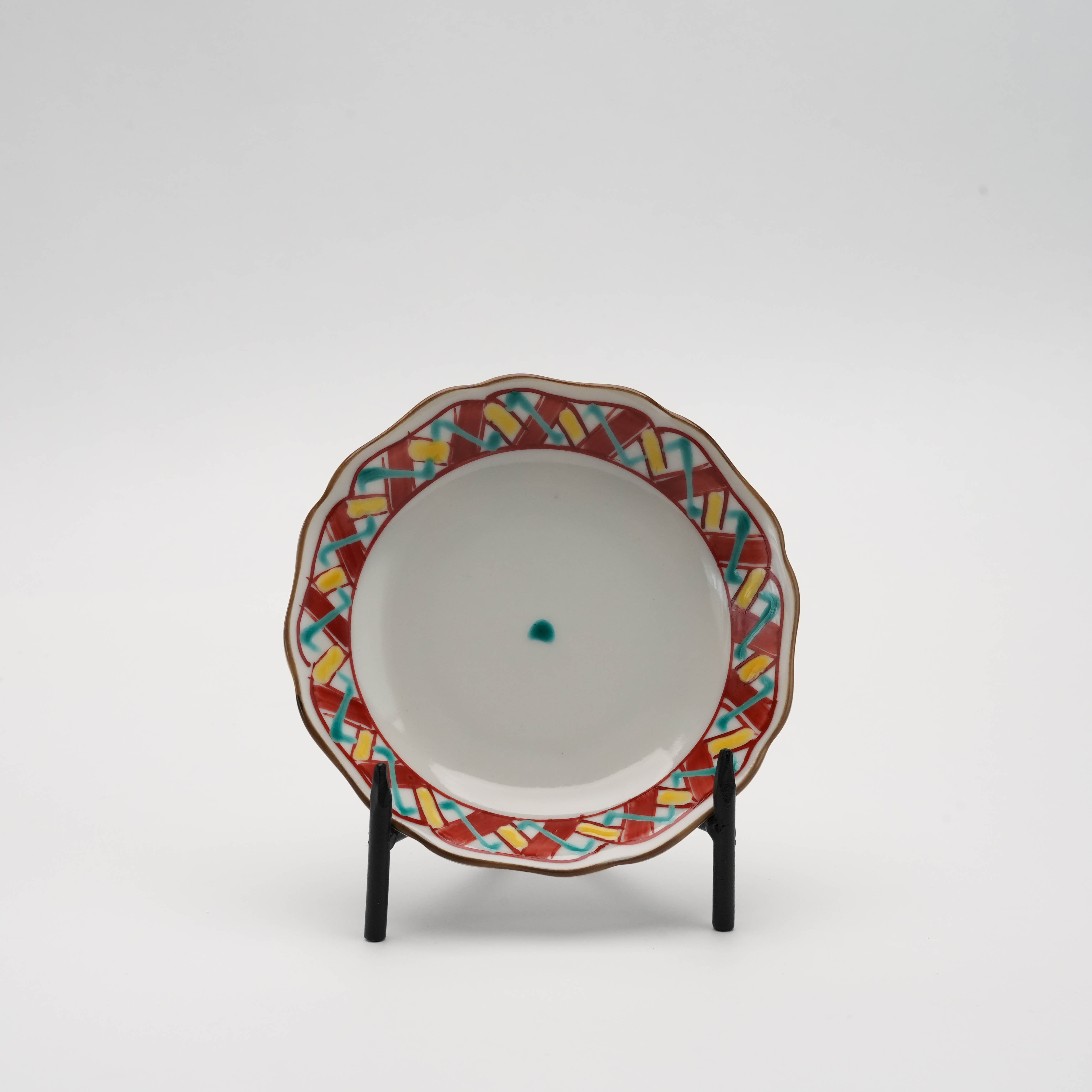 Vibrant Kutani Ware small plate with red and teal geometric Iroe pattern, 12.3 cm, handcrafted in Japan.