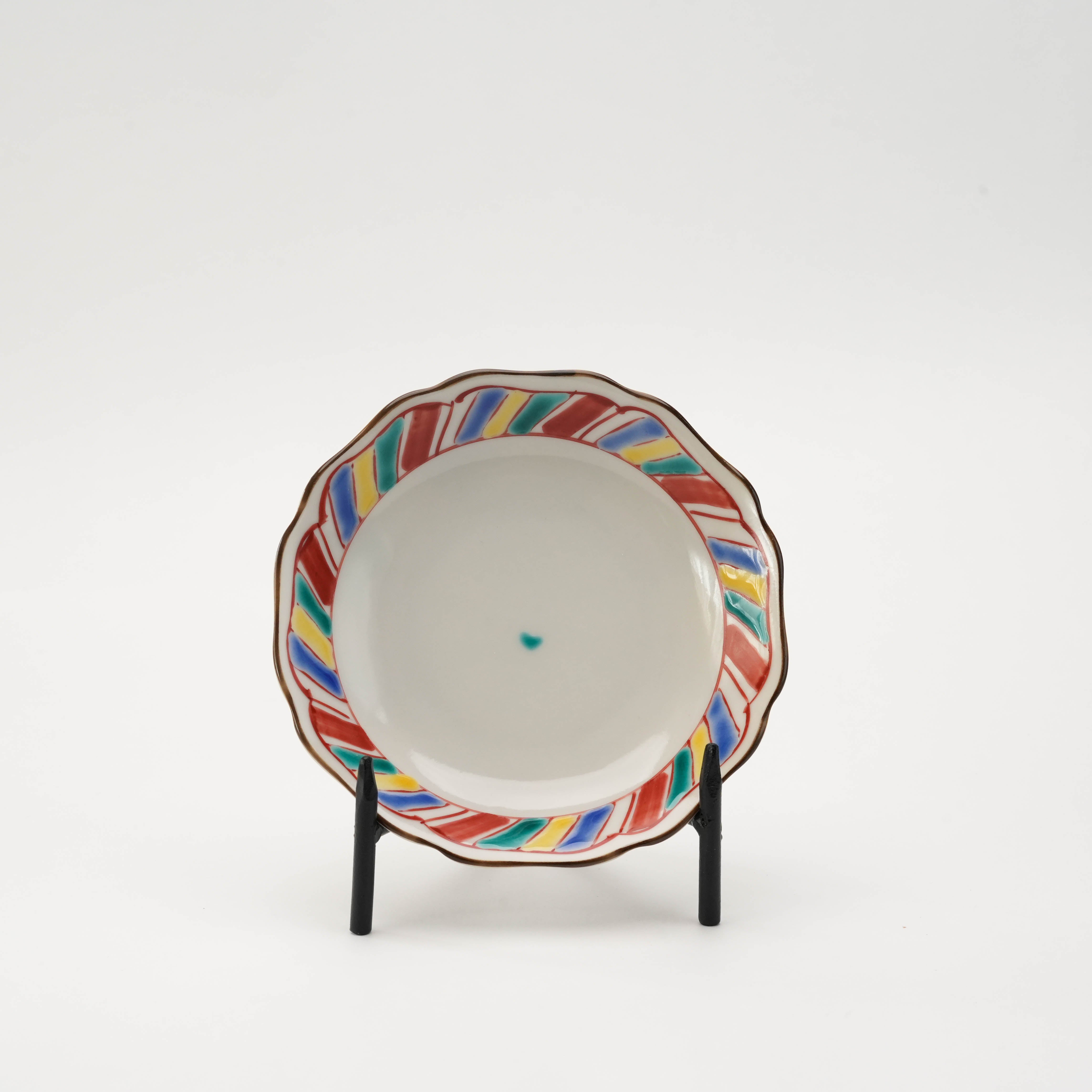 Colorful striped Kutani Ware small plate with red, blue, and yellow Iroe design, 12.3 cm, made in Japan.