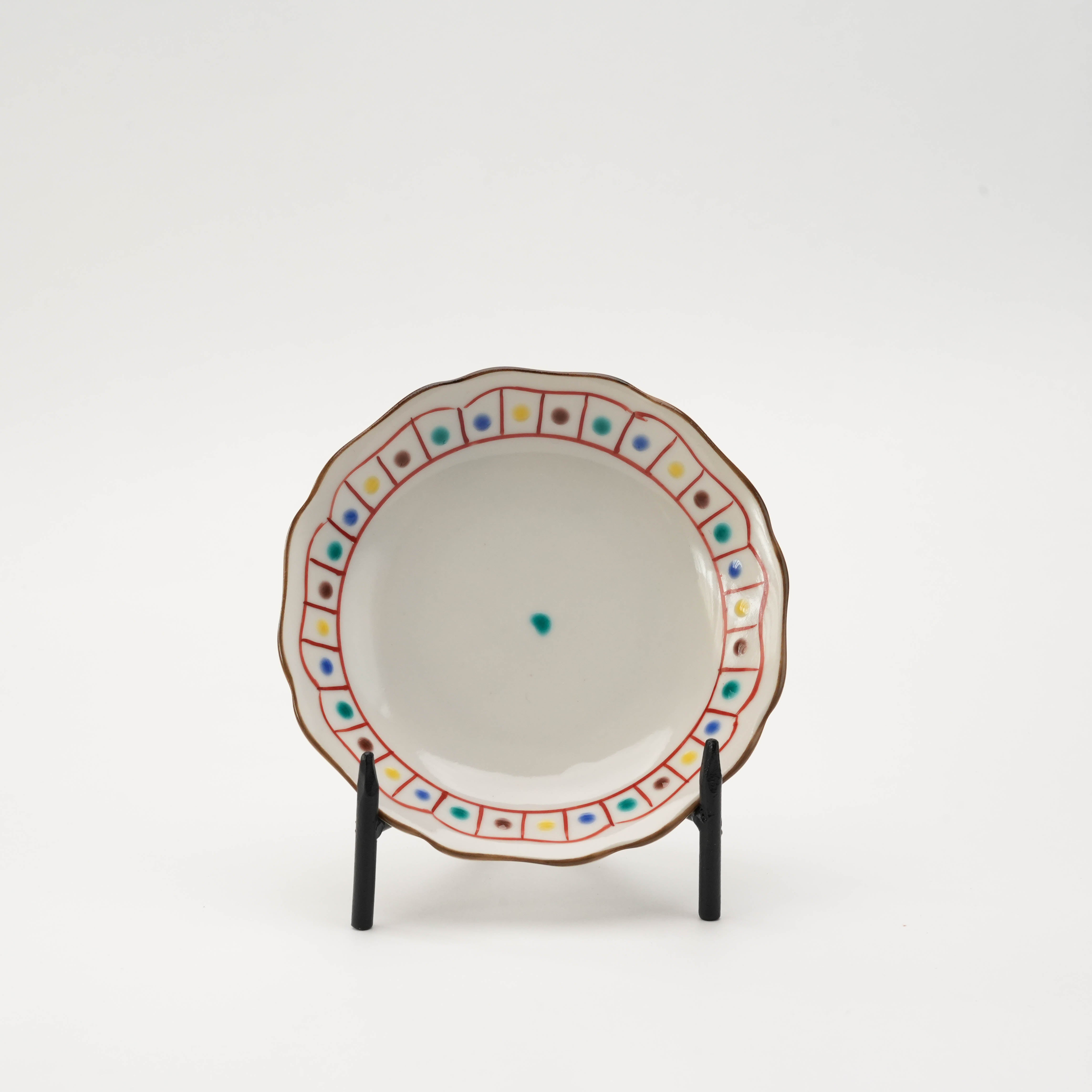 Japanese Kutani Ware small plate with pastel square Iroe border, 12.3 cm, from a 5-piece traditional plate set.