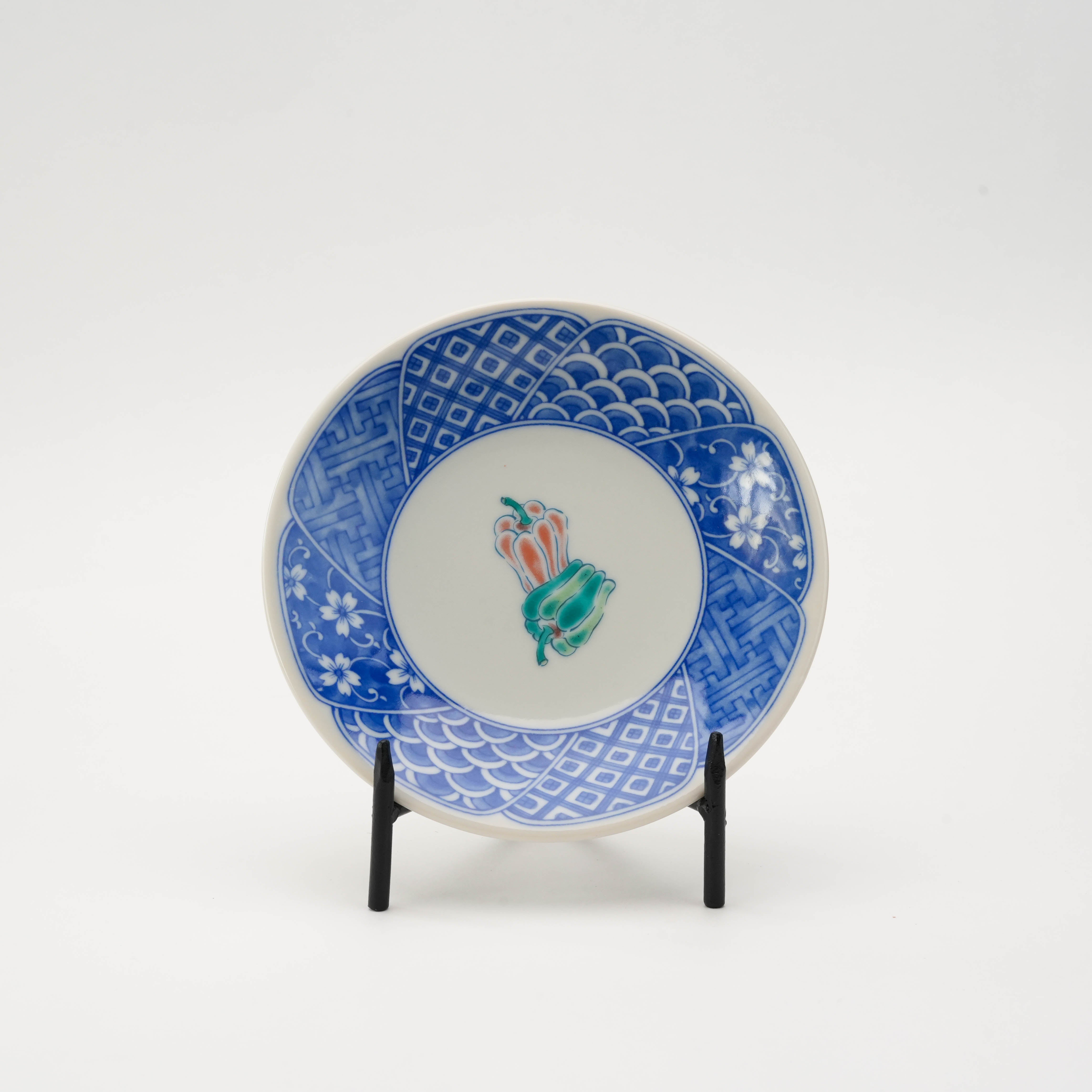 Kutani Ware small plate with blue rim and hand-painted green and red vegetable design, part of 5-piece Japanese dinnerware set.