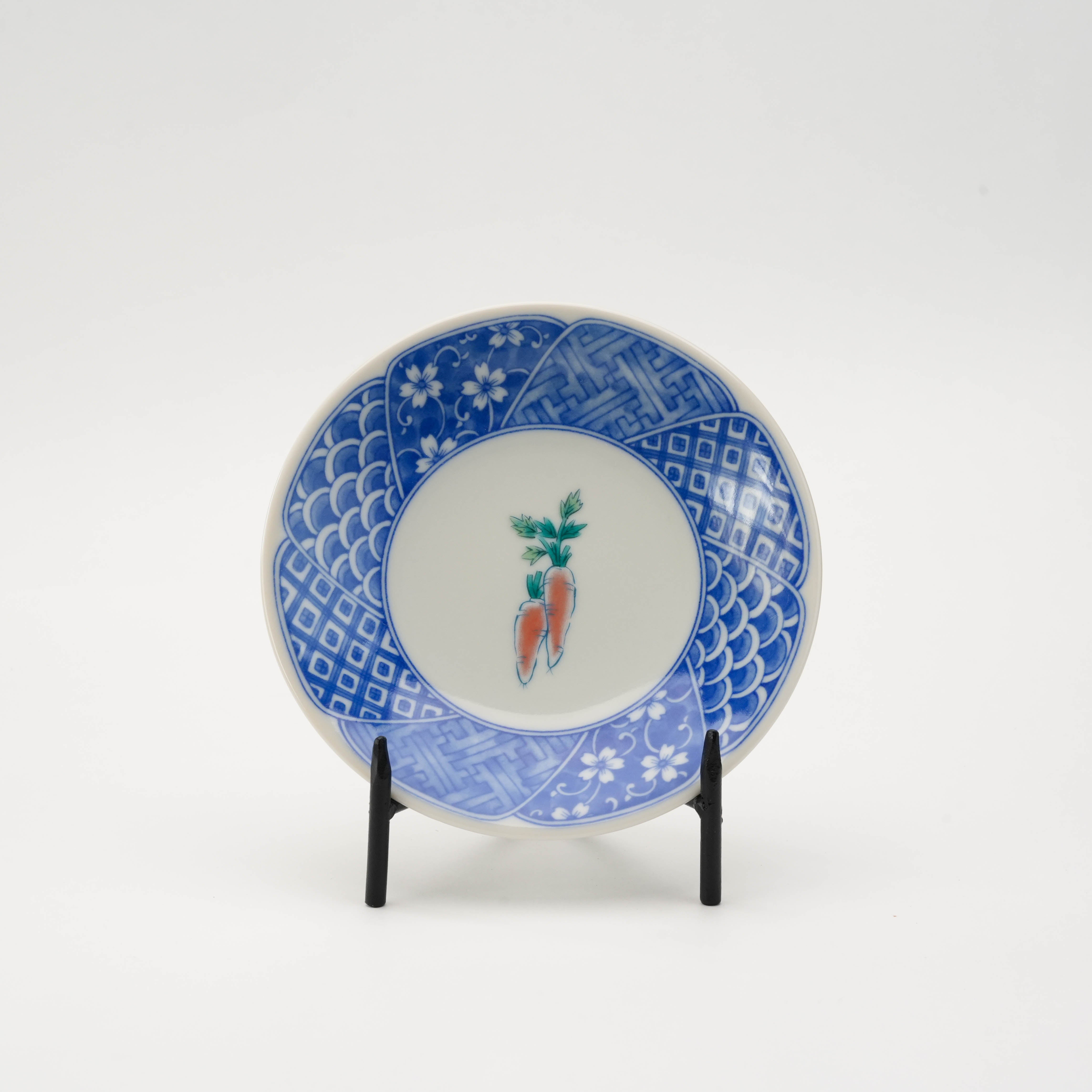 Kutani Ware small plate featuring hand-painted carrot design with intricate blue rim, from 5-piece vegetable plate collection.