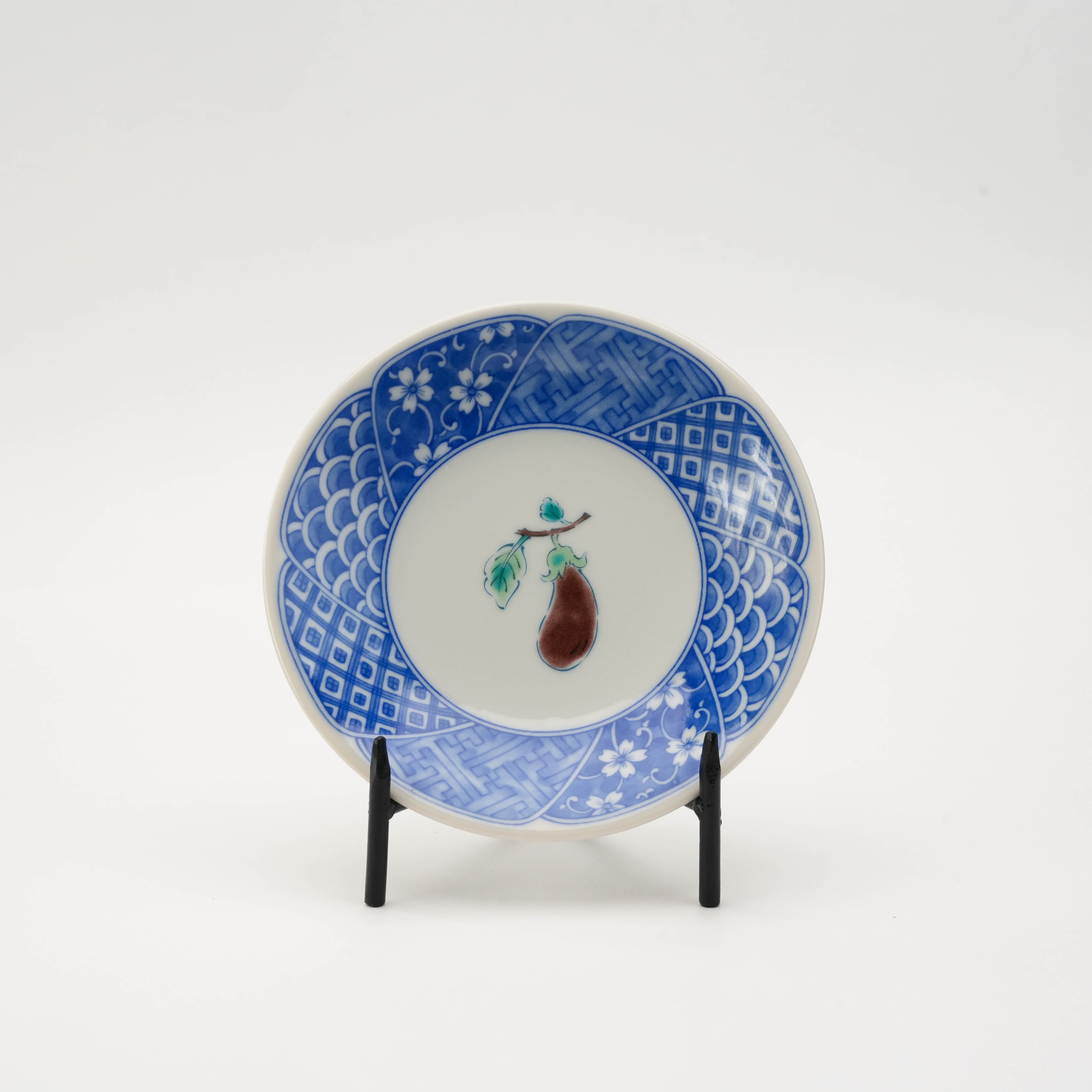 Japanese Kutani Ware plate with eggplant illustration and blue patterned rim, part of small plate set for kitchen and dining.
