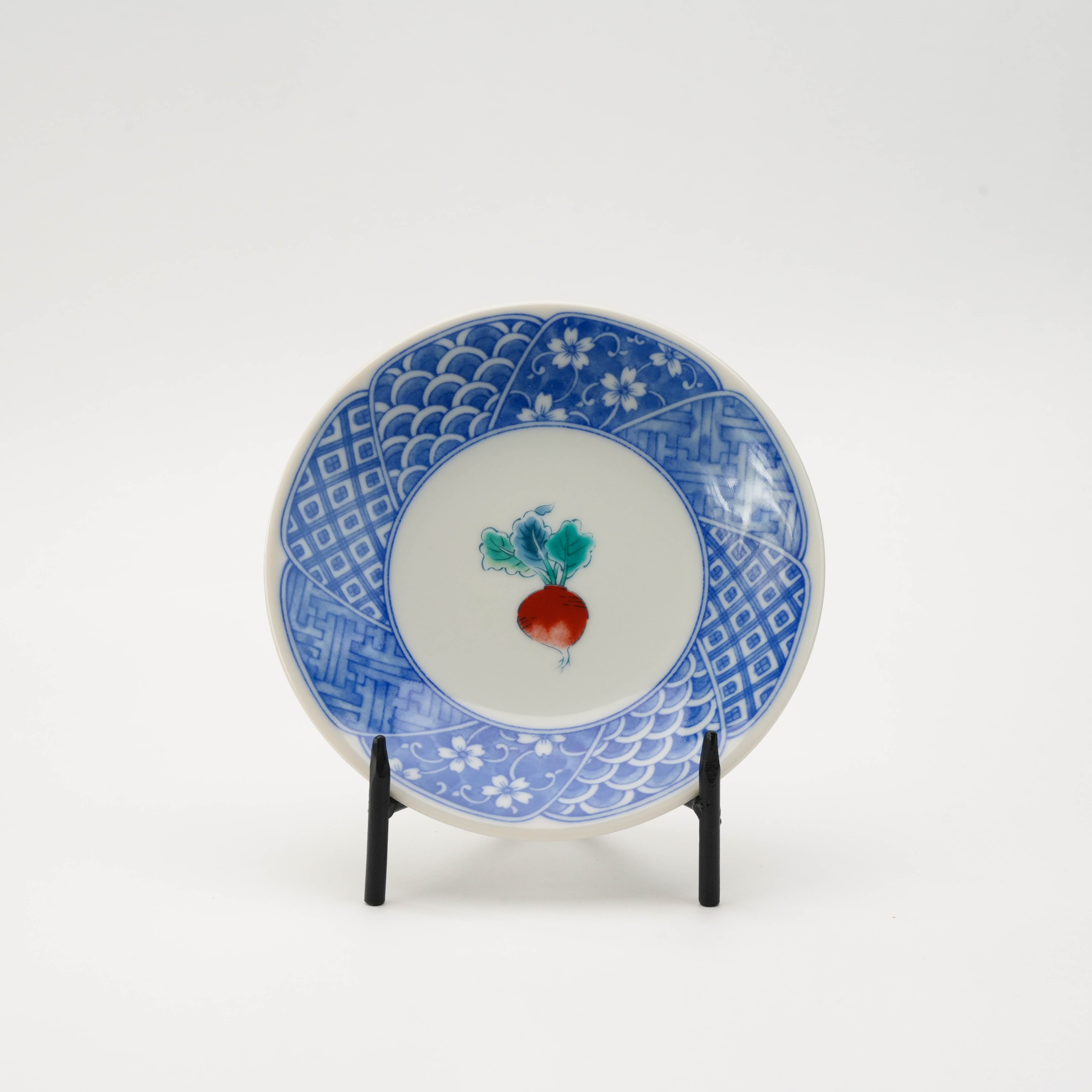 Kutani Ware small plate with radish artwork and traditional blue rim, included in 5-piece vegetable-themed plate set.