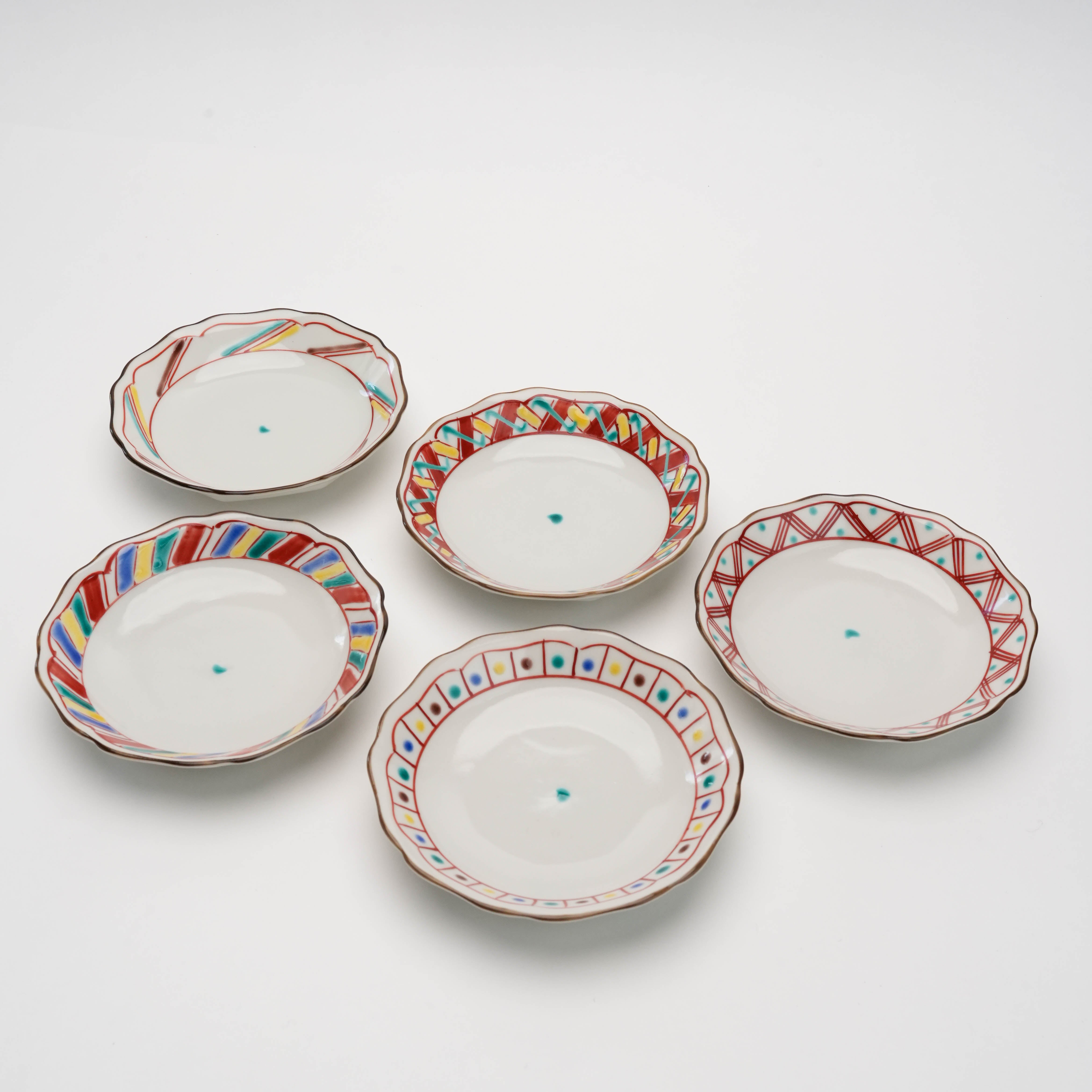 Kutani Ware small plate set of 5 with unique Iroe patterns, 12.3 cm plates ideal for snacks or gifts, handcrafted in Japan.