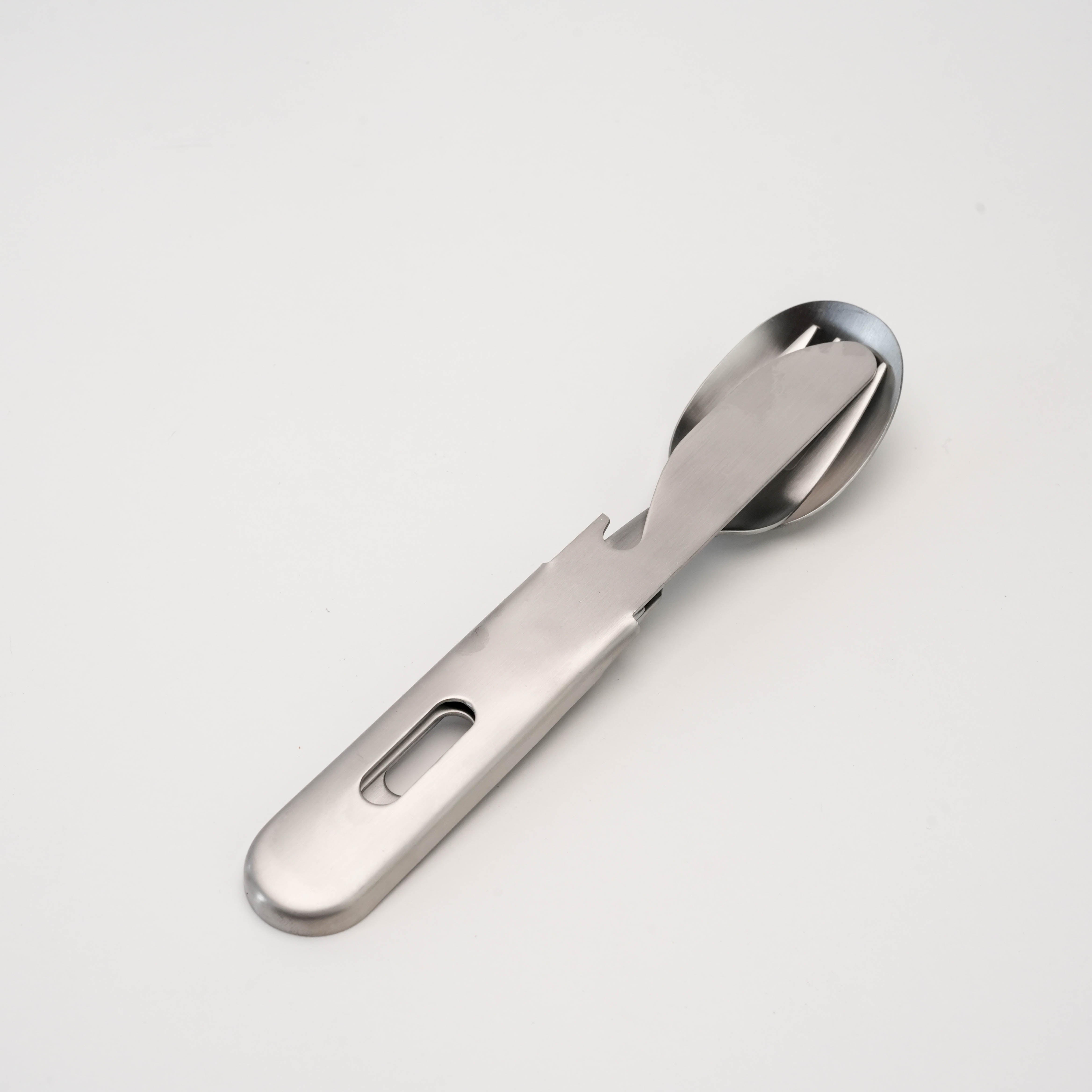 Tsubamesanjo Camp Cutlery SFK Set - compact stainless steel fork, knife, and spoon nested together for portable outdoor dining.
