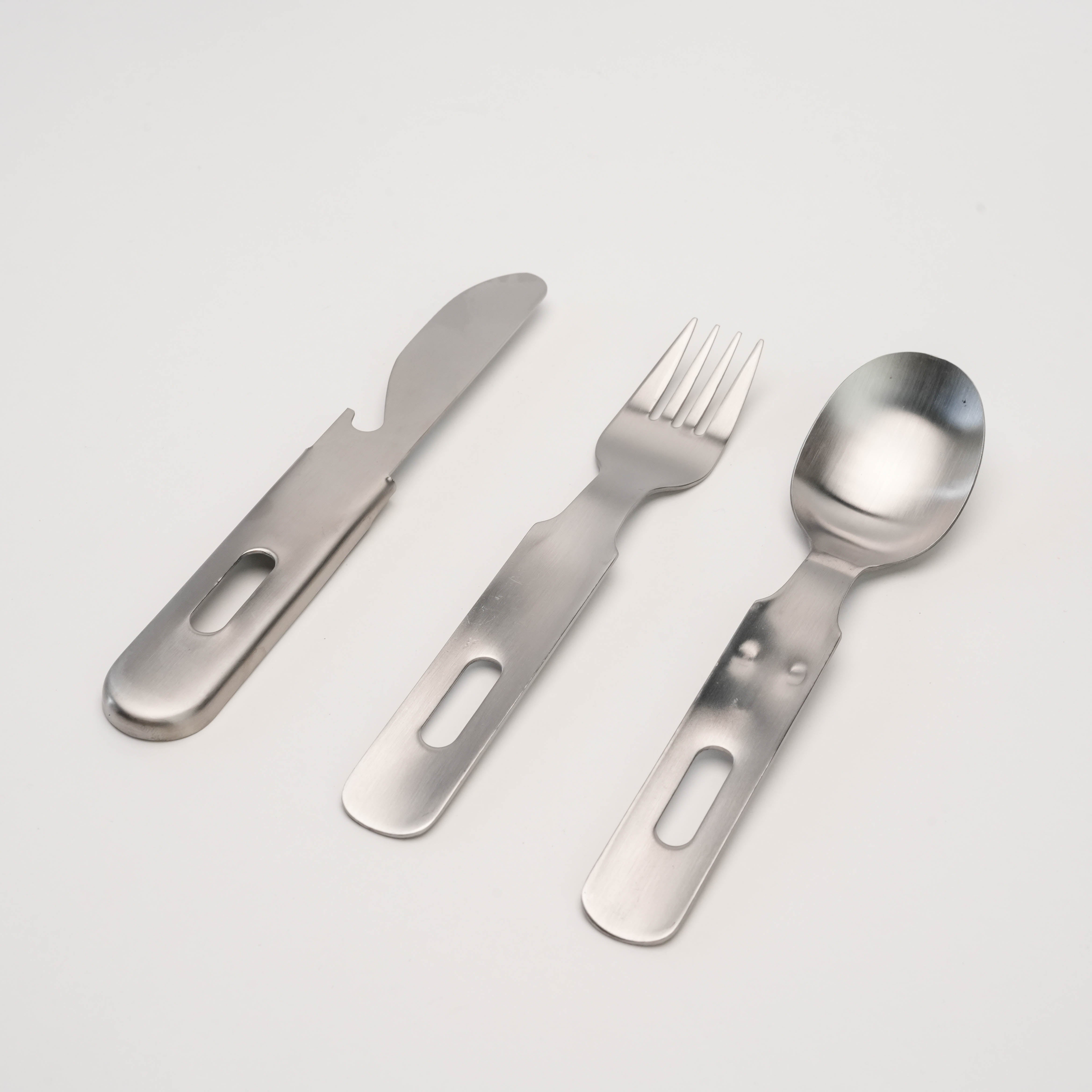 Tsubamesanjo Camp Cutlery SFK Set - durable stainless steel flatware trio laid out, ideal for camping and travel use.