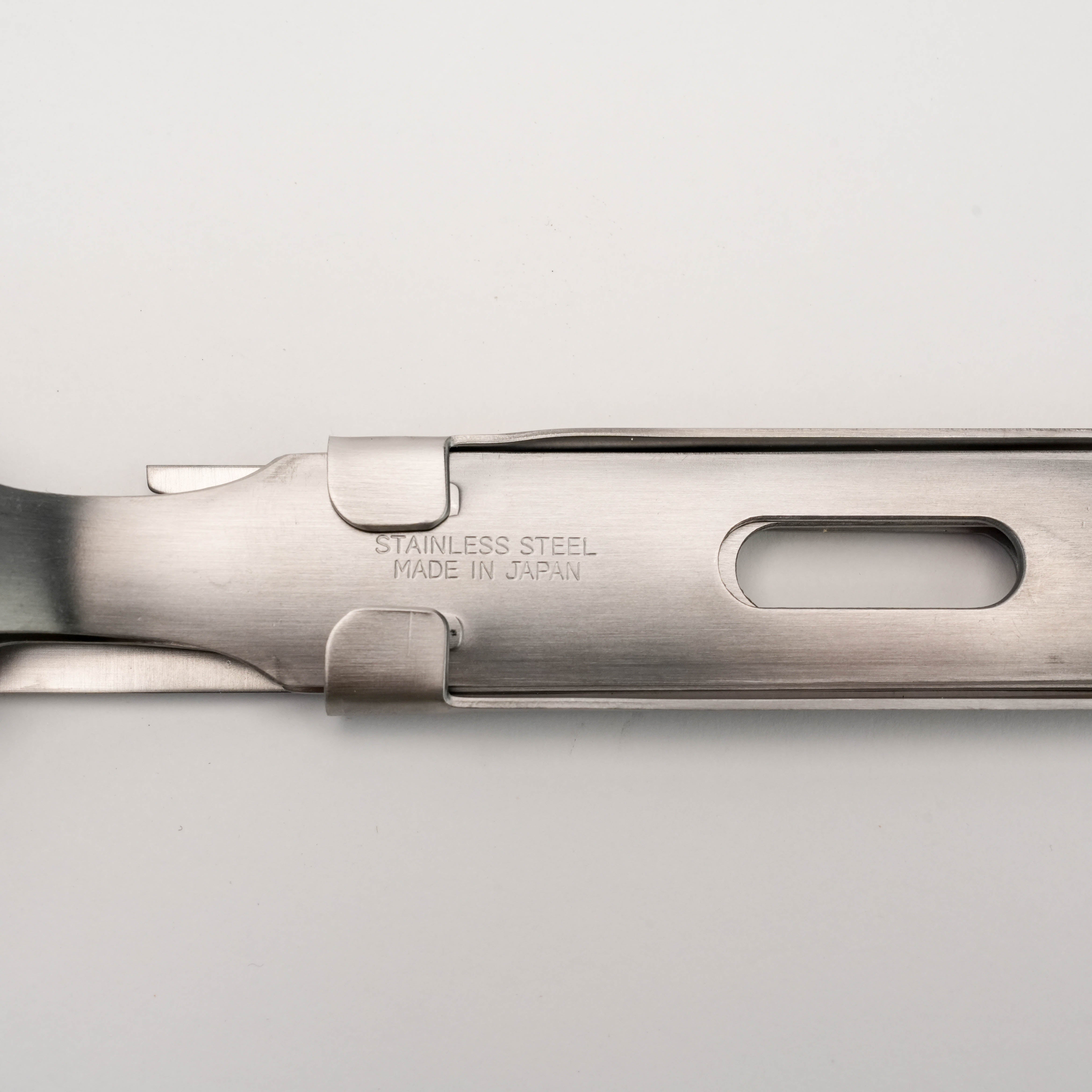 Tsubamesanjo Camp Cutlery SFK Set - close-up of stainless steel handle engraved with 'Made in Japan' showcasing craftsmanship.
