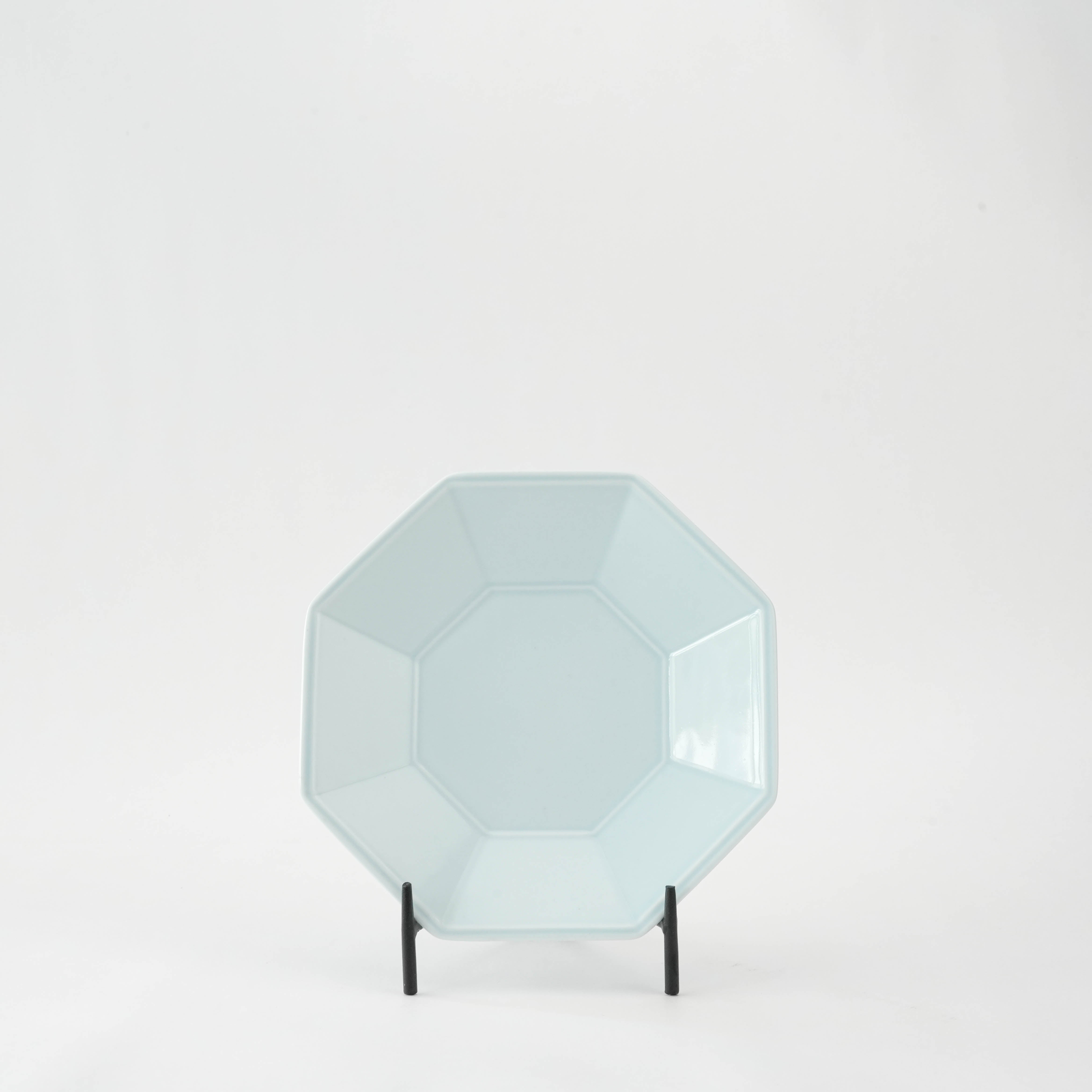 Mino Ware Celadon Plate - Octagonal Plate in soft blue glaze, displayed upright for elegant dining presentation.